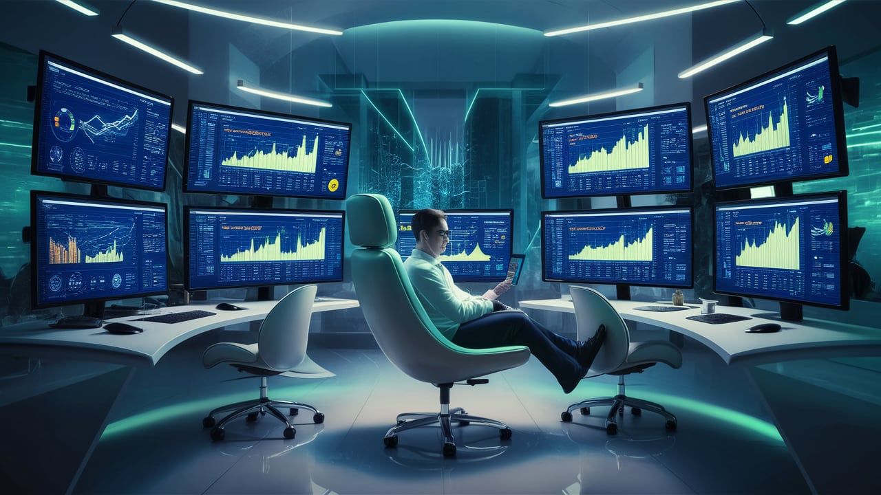 Futuristic workspace with computer screens displaying Amazon sales data and charts for e-commerce analysis