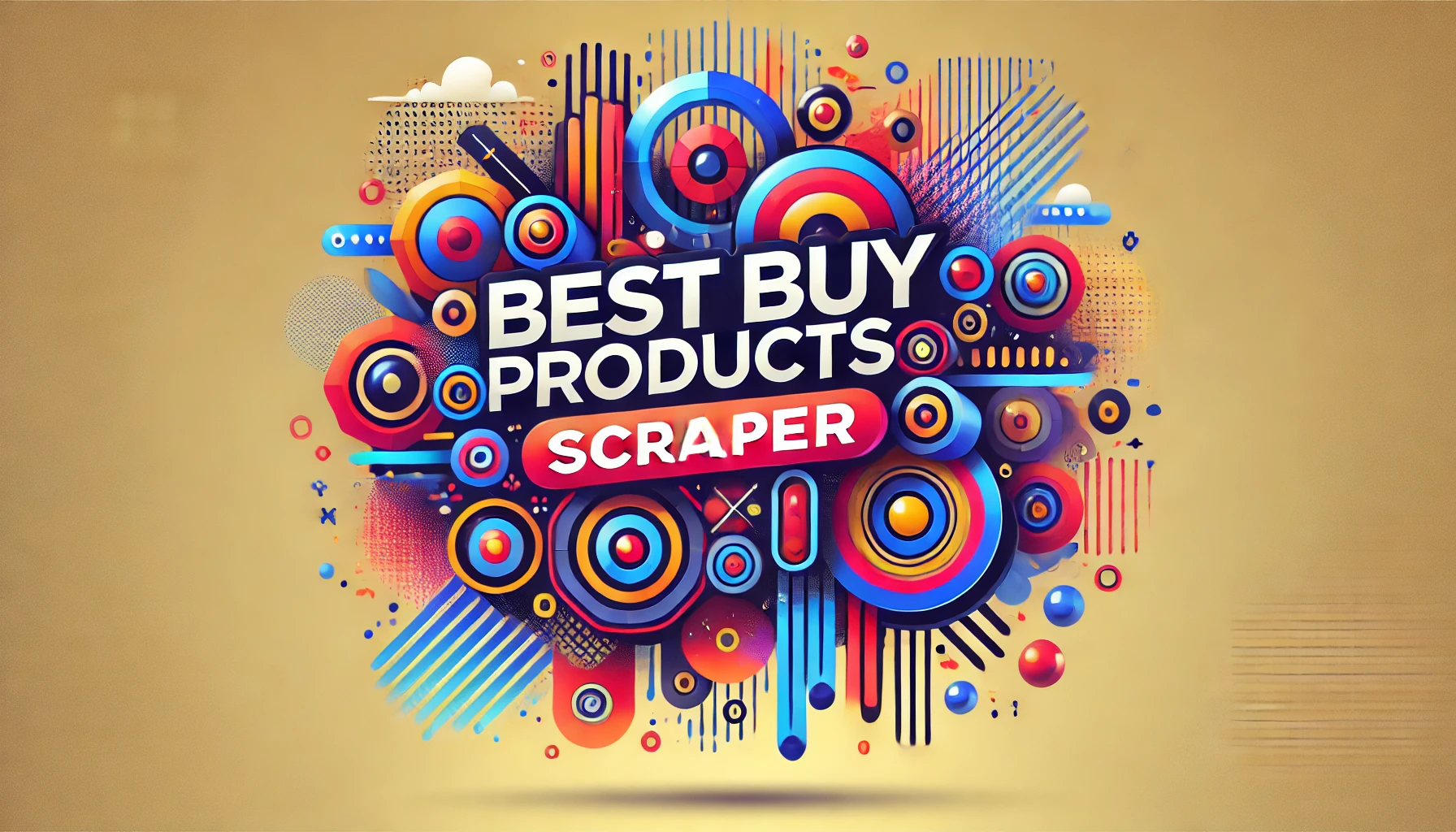 A vibrant and colorful digital illustration featuring the text "Best Buy Products Scraper" with abstract, modern design elements representing technology and automation.