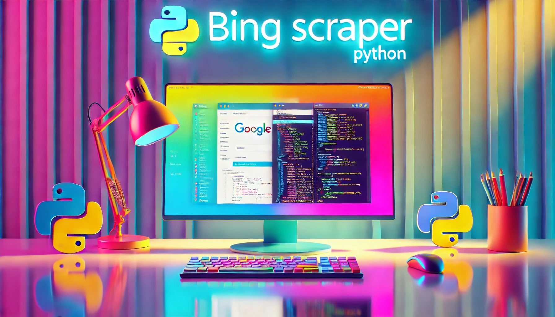 A simple and colorful digital workspace featuring a computer monitor displaying Bing search results, Python code, and the words "Bing Scraper" integrated into the design.