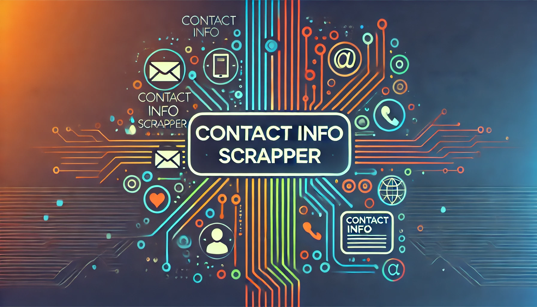 Modern Contact Info Scraper tool interface with email, phone, and social media icons, enhanced by colorful data streams and circuit lines.