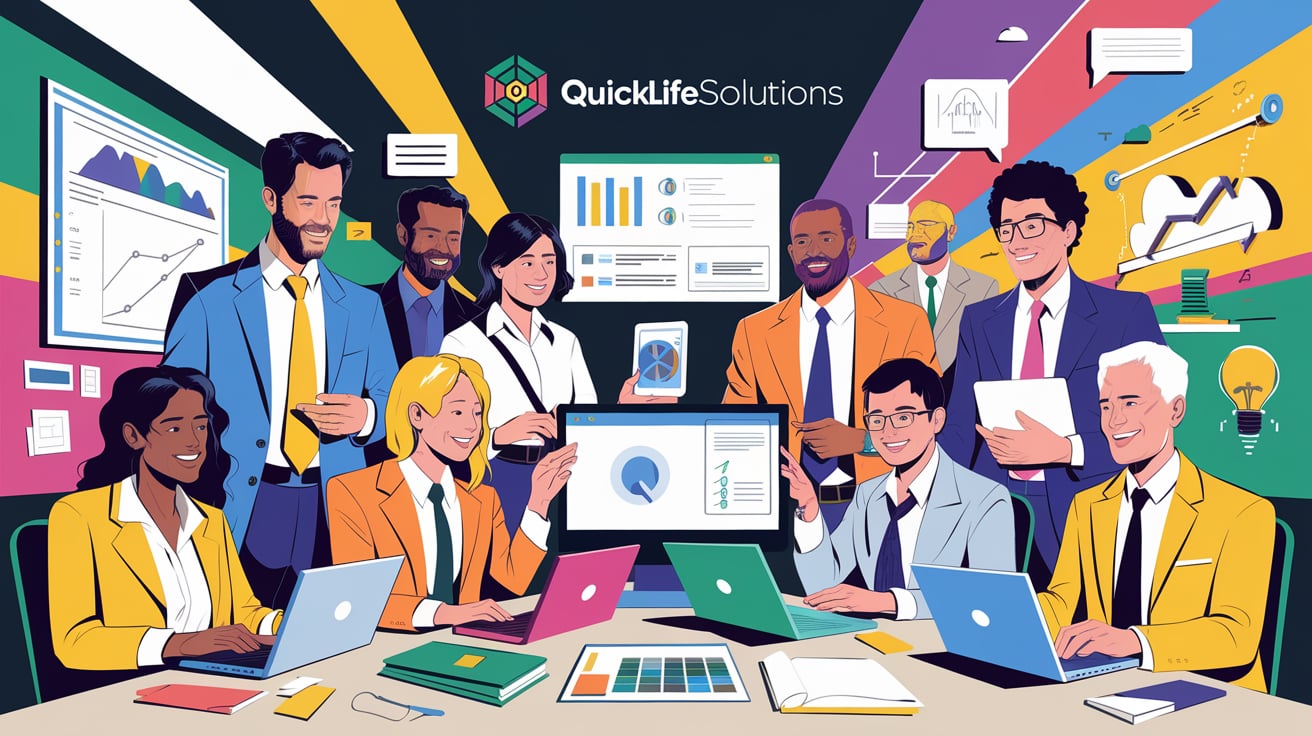 A vibrant digital illustration of professionals using AI automation and data scraping tools by QuickLifeSolutions in a modern office setting.