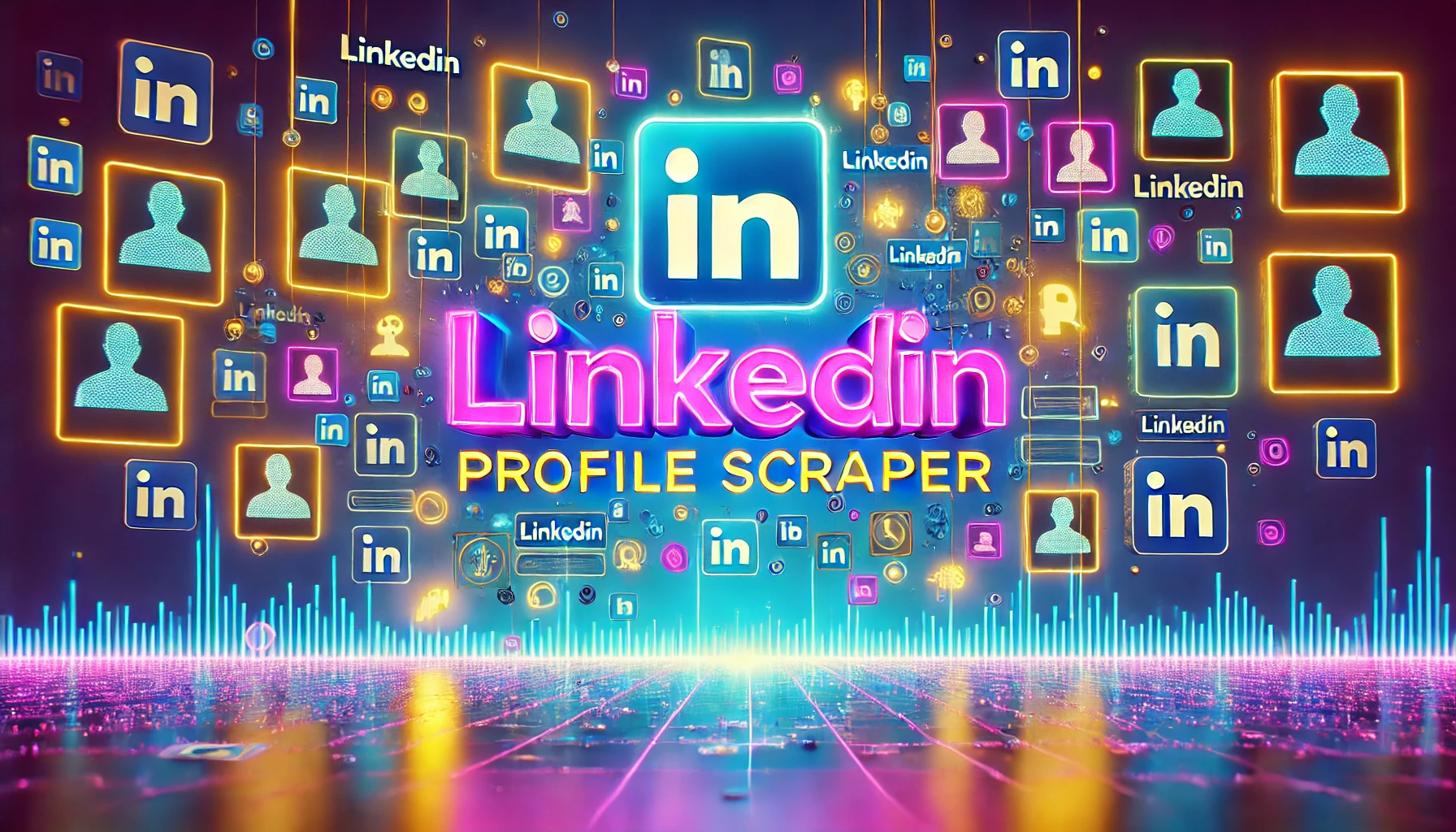 Vibrant illustration showing a stylized LinkedIn interface with floating profiles and icons, with bright central text that reads 'LinkedIn Profile Scraper'