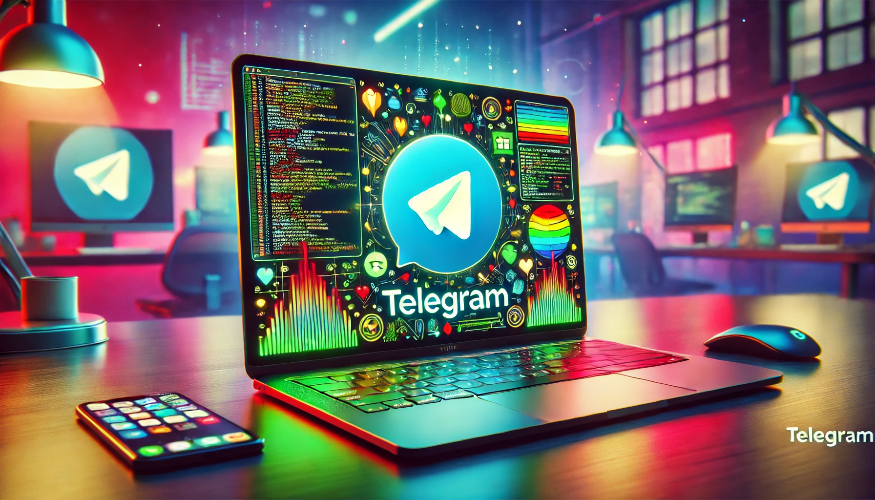 Colorful illustration featuring the Telegram logo on a laptop screen, surrounded by data charts and code snippets, representing data extraction from Telegram channels.