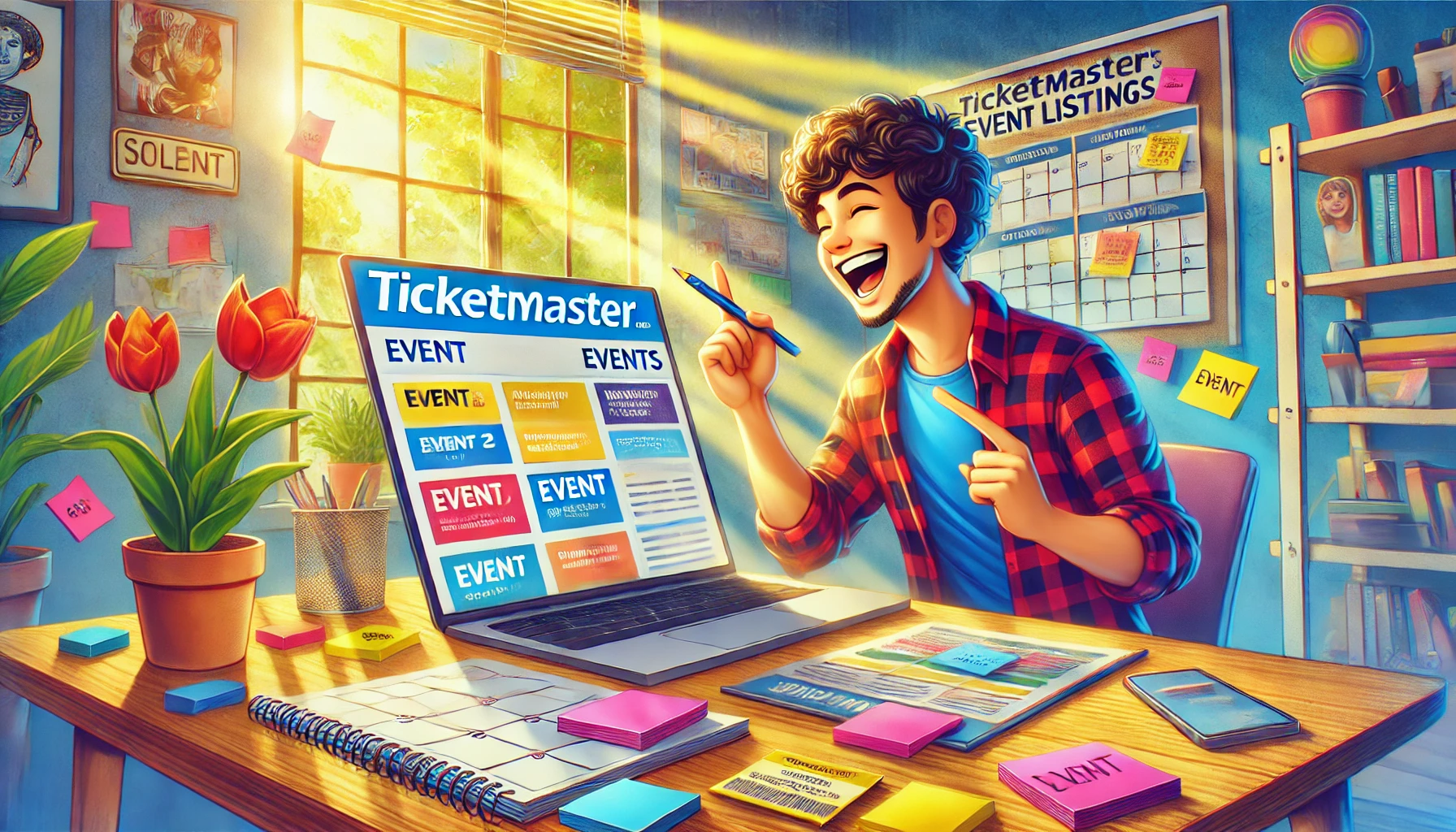 A lively illustration of a person planning events at a desk with Ticketmaster's website open on a laptop