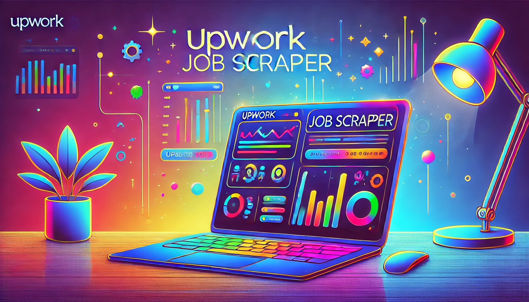 A colorful digital illustration of a laptop displaying "Upwork Job Scraper" with vibrant charts and icons, set on a sleek desk in a modern, tech-inspired environment.