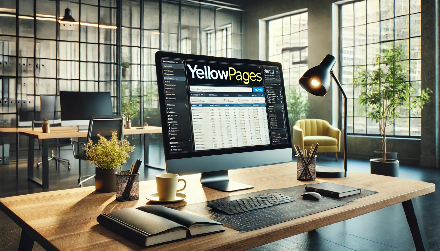 A modern office setup featuring a desktop computer displaying automated data extraction with Yellowpages Scraper, surrounded by a minimalist workspace