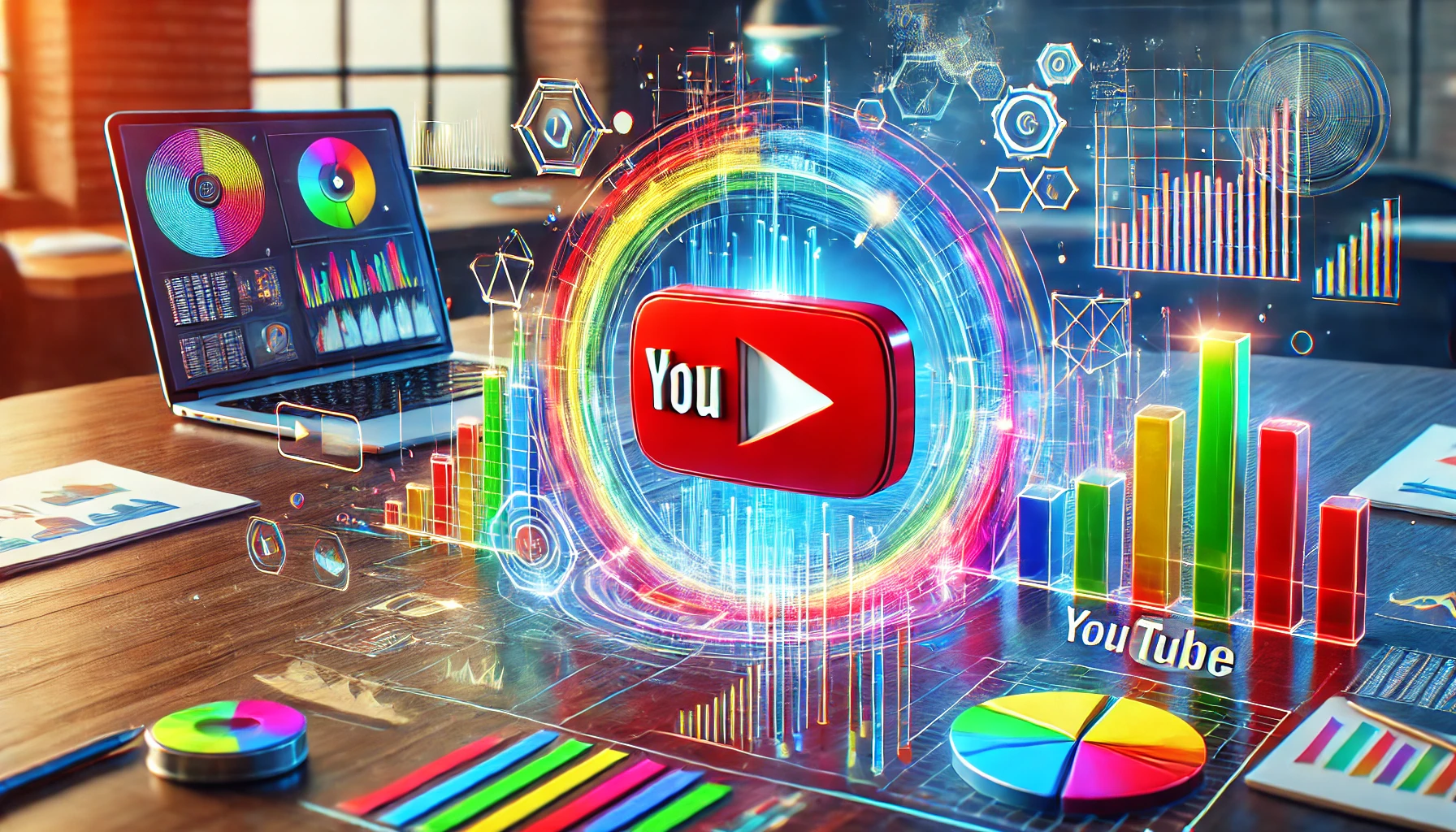 Colorful illustration featuring the YouTube logo surrounded by analytics charts and data, representing a guide on YouTube channel data extraction and analysis.
