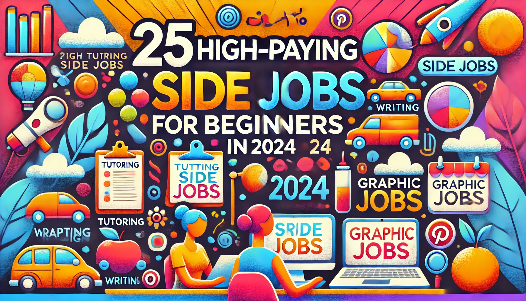 Vibrant image with minimal words displaying "25 High-Paying Side Jobs for Beginners in 2024," featuring colorful icons representing various jobs like tutoring, writing, and graphic design, set against a bright and modern background.