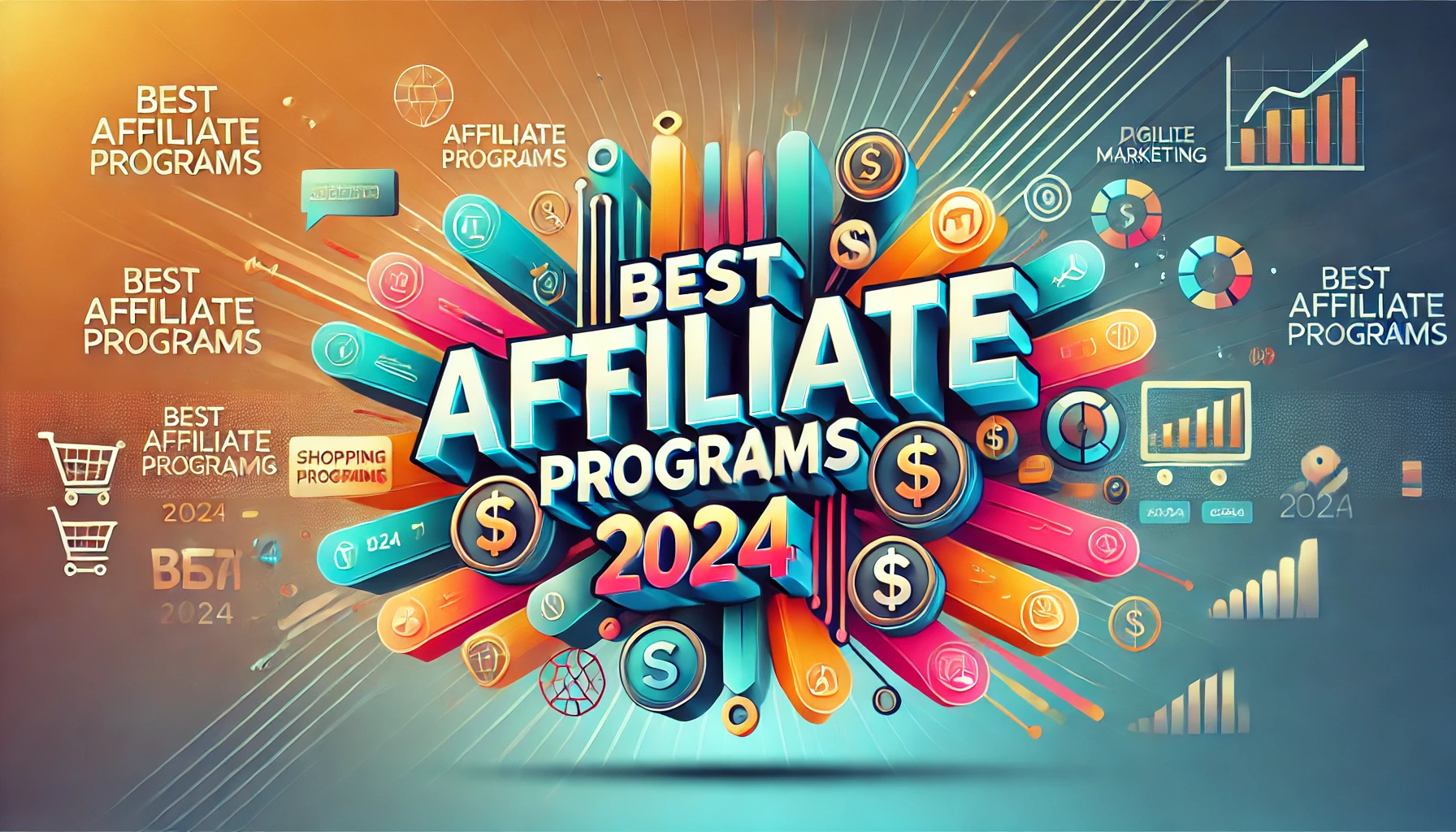 Vibrant and dynamic image with the text 'Best Affiliate Programs 2024' in bold font on a colorful background, featuring icons related to digital marketing like shopping carts, dollar signs, and web links.