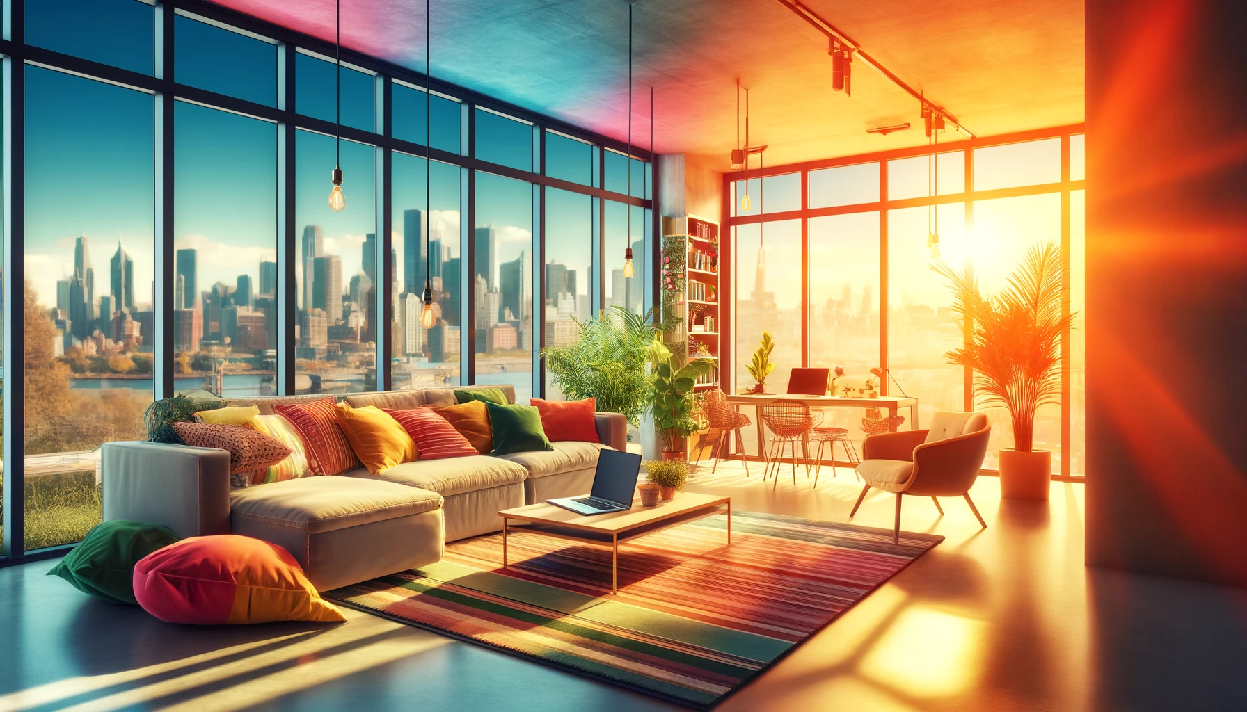 Modern Airbnb apartment interior with urban view, colorful furniture, and a laptop on the coffee table