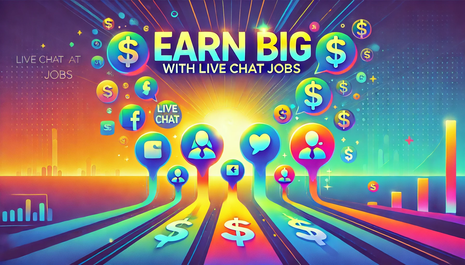 Colorful illustration with the text 'Earn Big with Live Chat Jobs', featuring icons of online chat, social media platforms, and dollar signs on a blue-green gradient background.