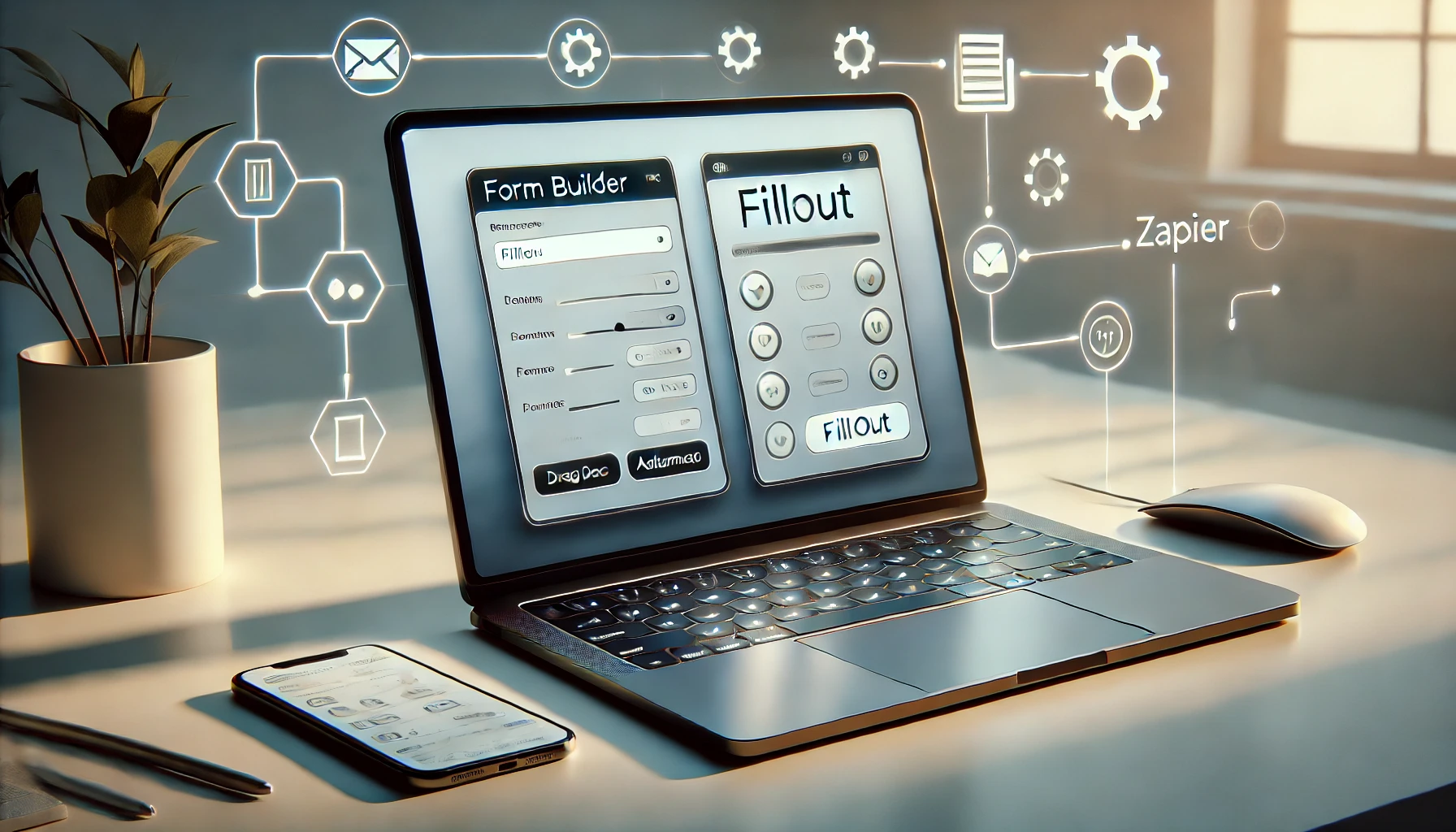 Laptop with a drag-and-drop form builder interface on screen, surrounded by automation icons symbolizing workflow integration.