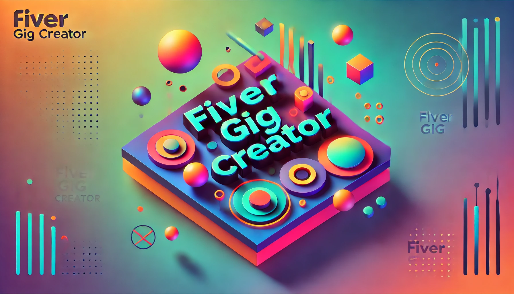 Colorful feature image with the words 'Fiver Gig Creator' in bold modern typography, with an abstract gradient background of teal, magenta, and orange, and minimal geometric shapes enhancing the design.