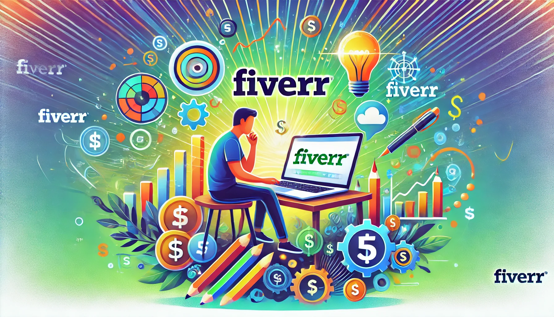 A freelancer working on a laptop with Fiverr's logo, surrounded by icons representing graphic design, writing, programming, and digital marketing, with a colorful abstract background and monetary symbols