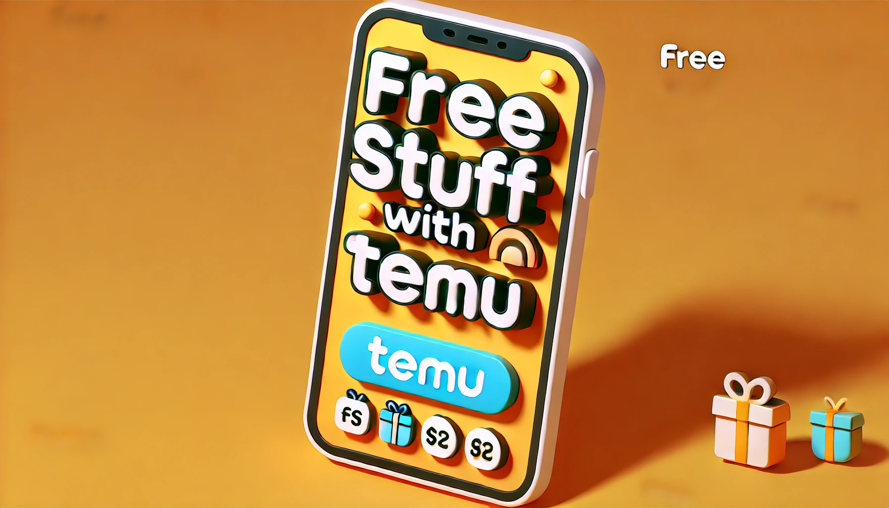 Bold text 'Free Stuff with Temu' in playful colors, highlighting rewards and discounts.