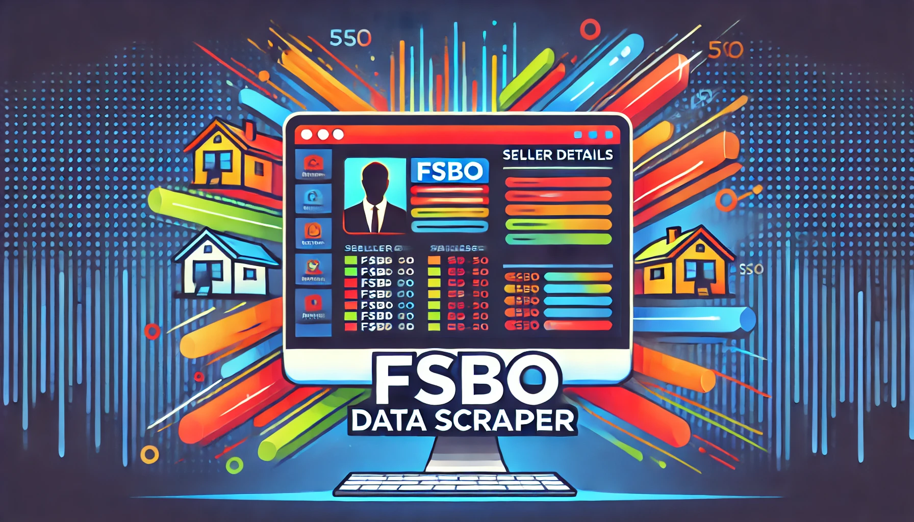 Colorful digital illustration of a computer screen displaying real estate listings being scraped, with the minimal text 'FSBO DATA SCRAPER' clearly visible. The background features abstract shapes in bright colors like red, orange, green, and blue, representing automation in real estate data collection.