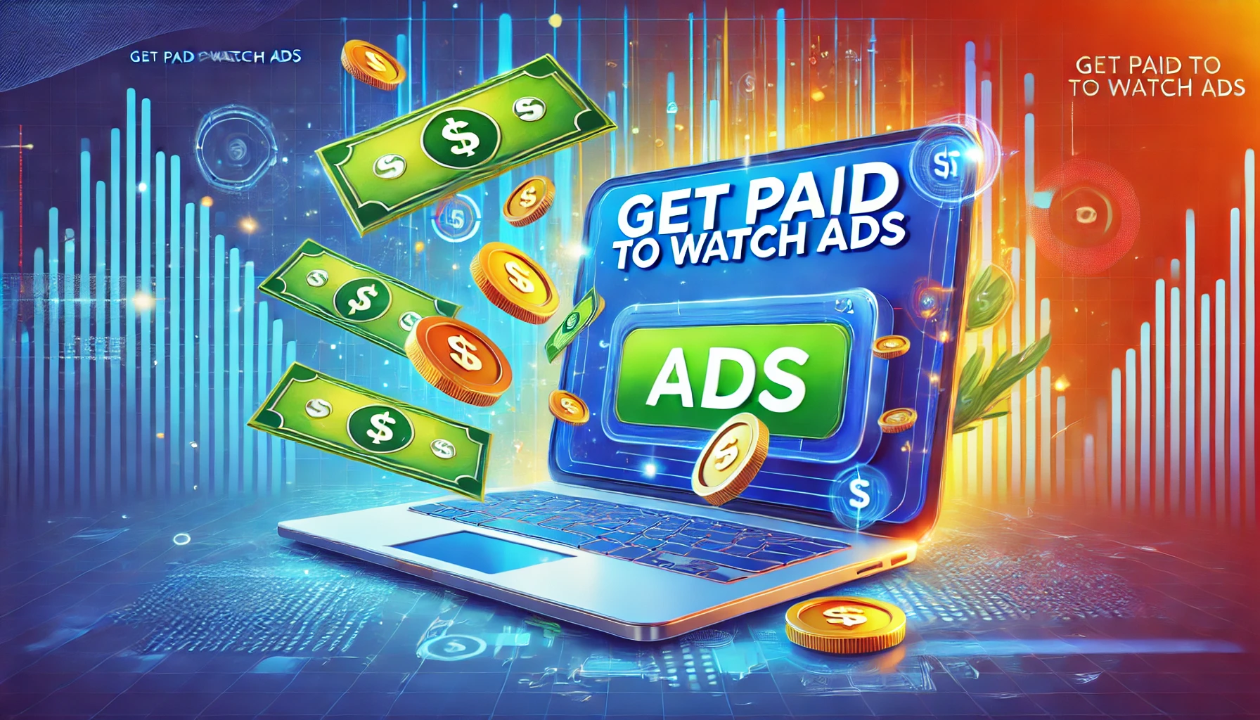 Close-up of a laptop screen displaying ads with floating coins and dollar bills, symbolizing earning while watching.