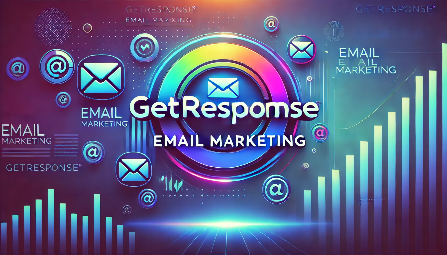 Vibrant GetResponse Email Marketing banner with colorful gradient and marketing icons
