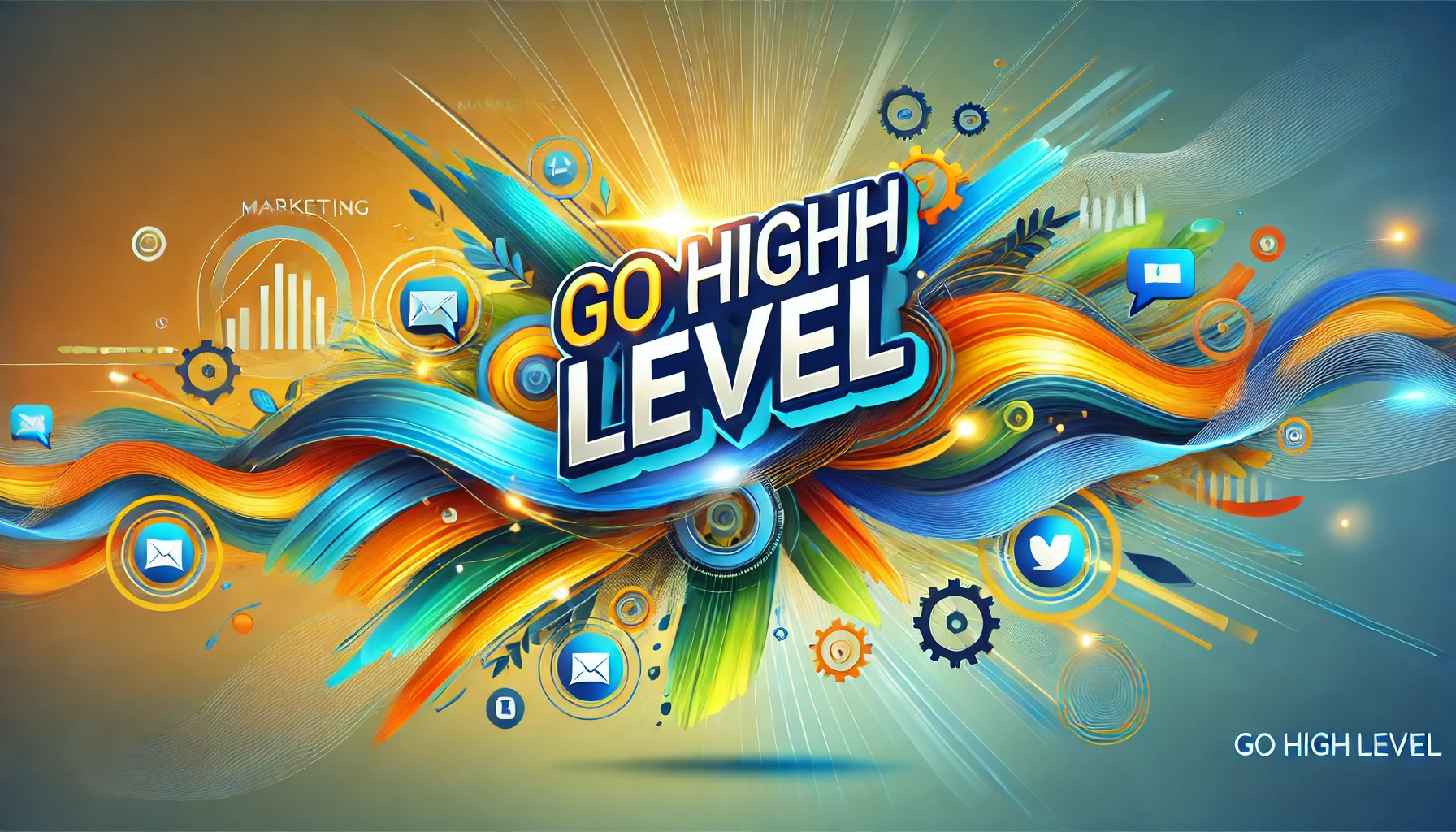 Colorful featured image with GoHighLevel text in bold, surrounded by vibrant flowing colors and digital marketing icons such as email, chat bubbles, and gears, symbolizing automation and integration