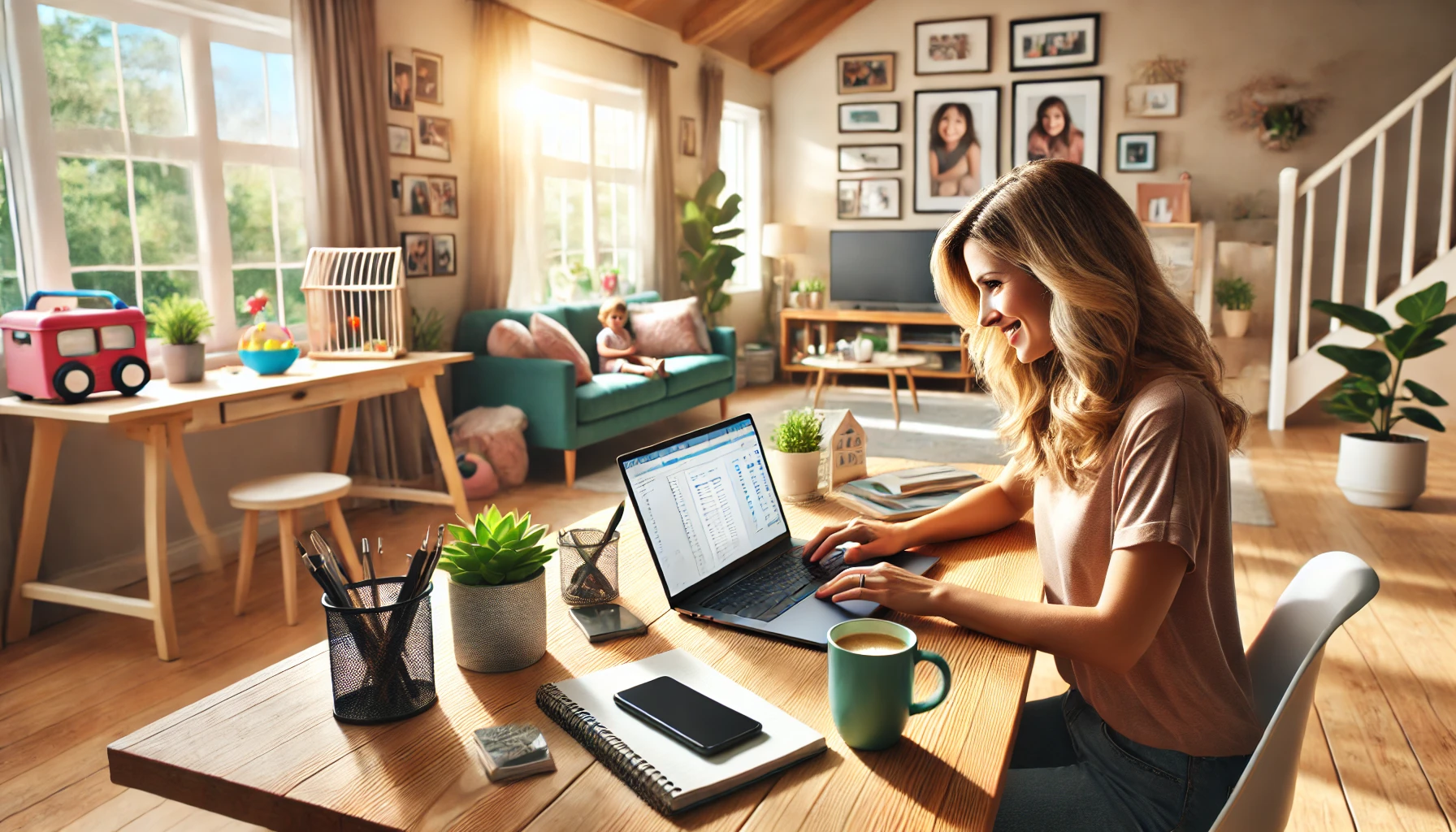 Stay-at-home mom working at a cozy home office, balancing work and family life with toys and family photos in the background.