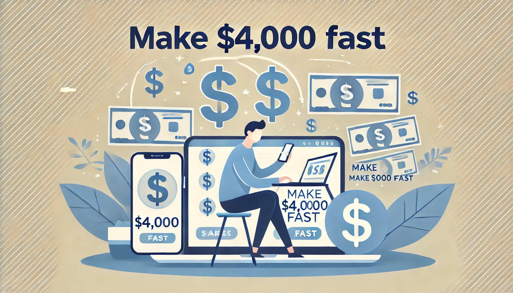 Minimal illustration of a person using a laptop and smartphone to make $4,000 fast through freelancing, online sales, and the gig economy.