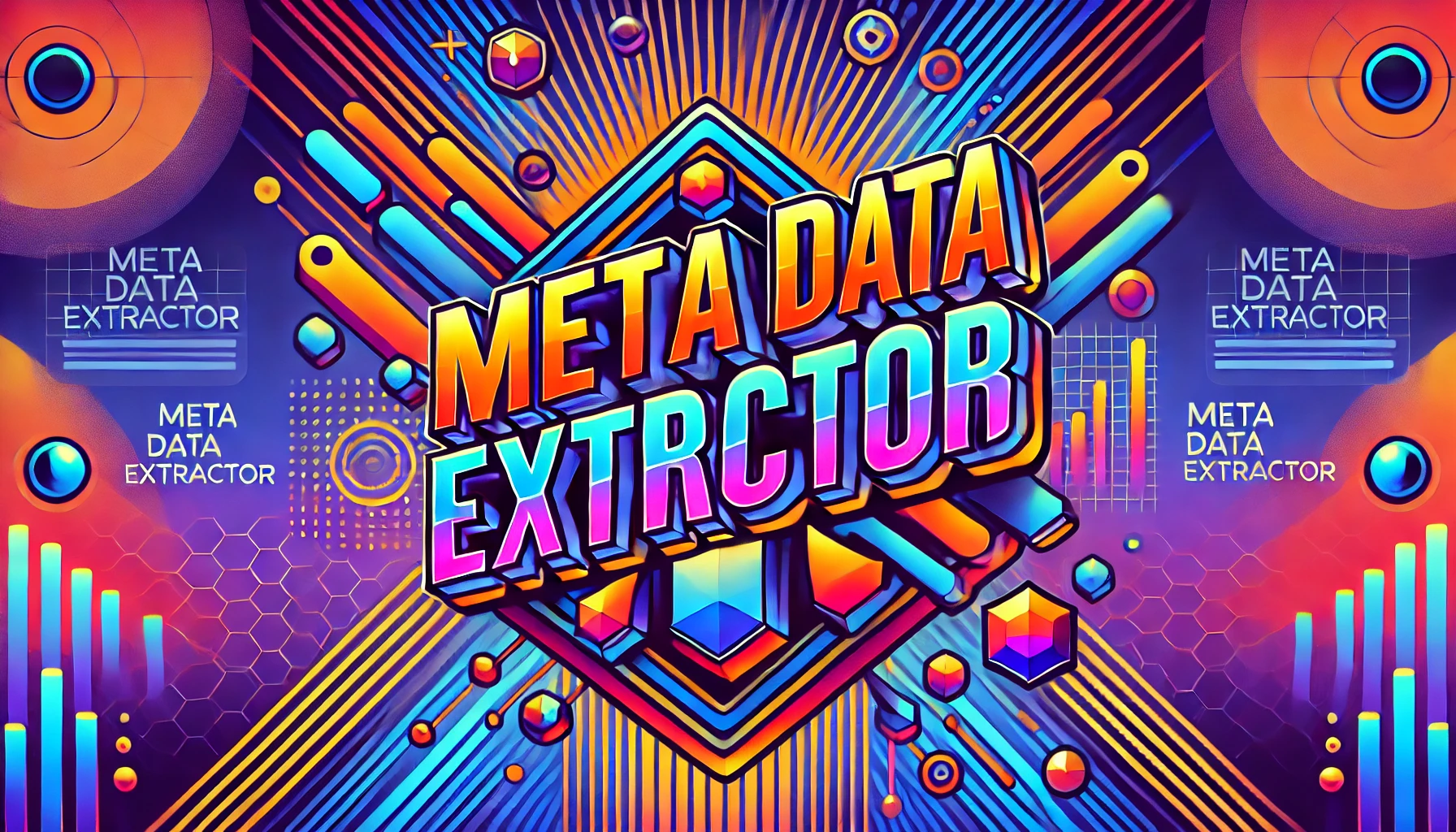 Colorful featured image with the words 'Meta Data Extractor' in bold, set against a dynamic tech-inspired background featuring geometric shapes and bright colors, symbolizing data extraction and digital marketing