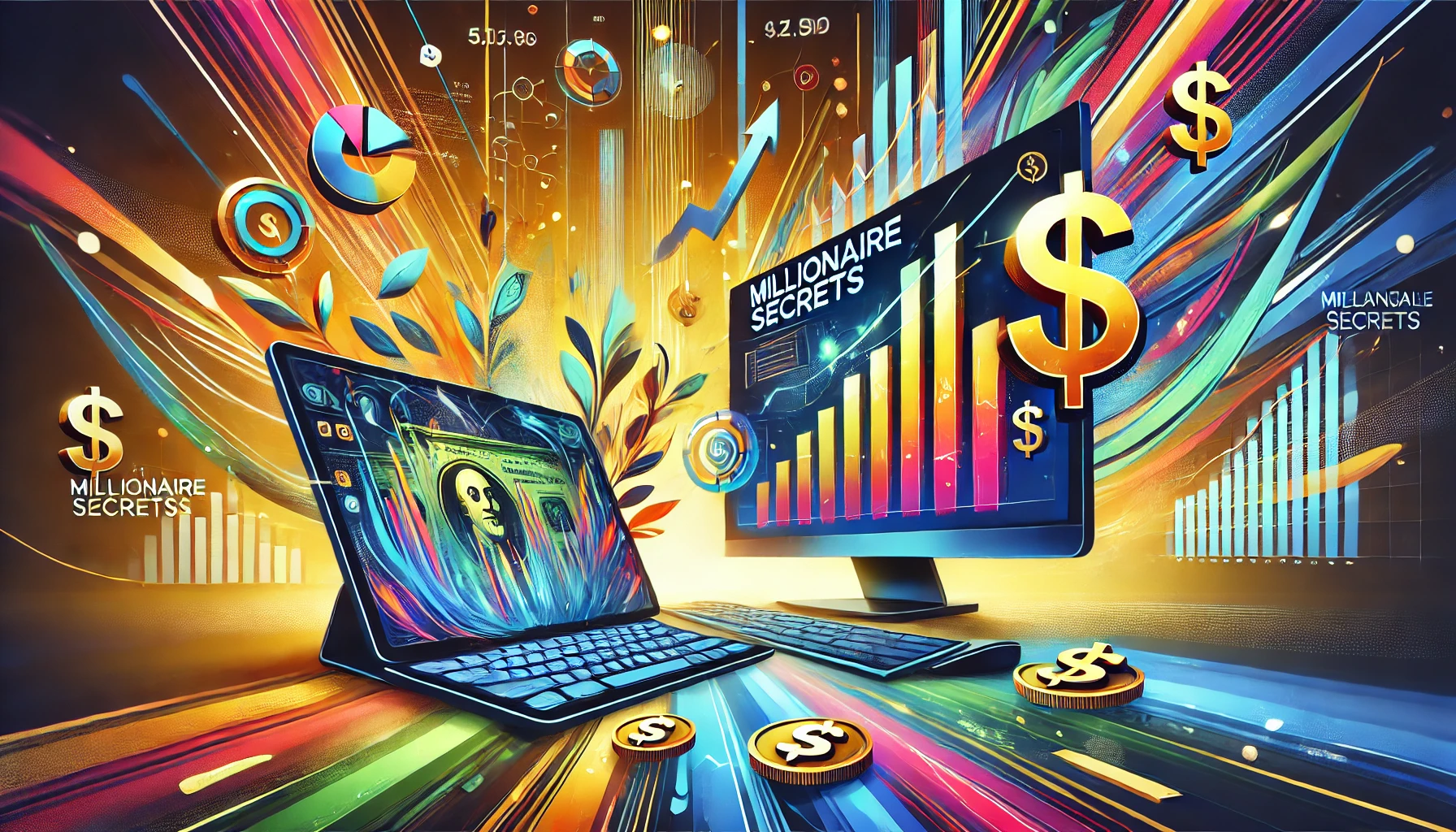 Vibrant digital illustration of a computer screen and tablet displaying financial growth charts and wealth strategies, with the words 'Millionaire Secrets' prominently displayed. The background features abstract shapes in gold, green, and blue, representing success and financial freedom.