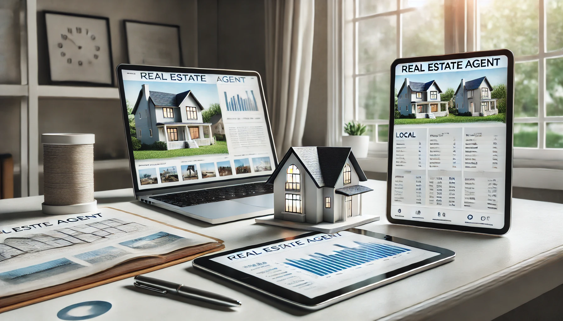 Modern desk with a tablet displaying real estate listings and a model house, symbolizing finding the perfect real estate agent.