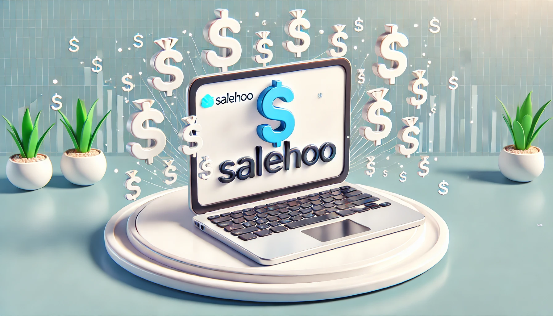 Laptop with SaleHoo logo and floating dollar signs, representing earning through the SaleHoo Affiliate Program.