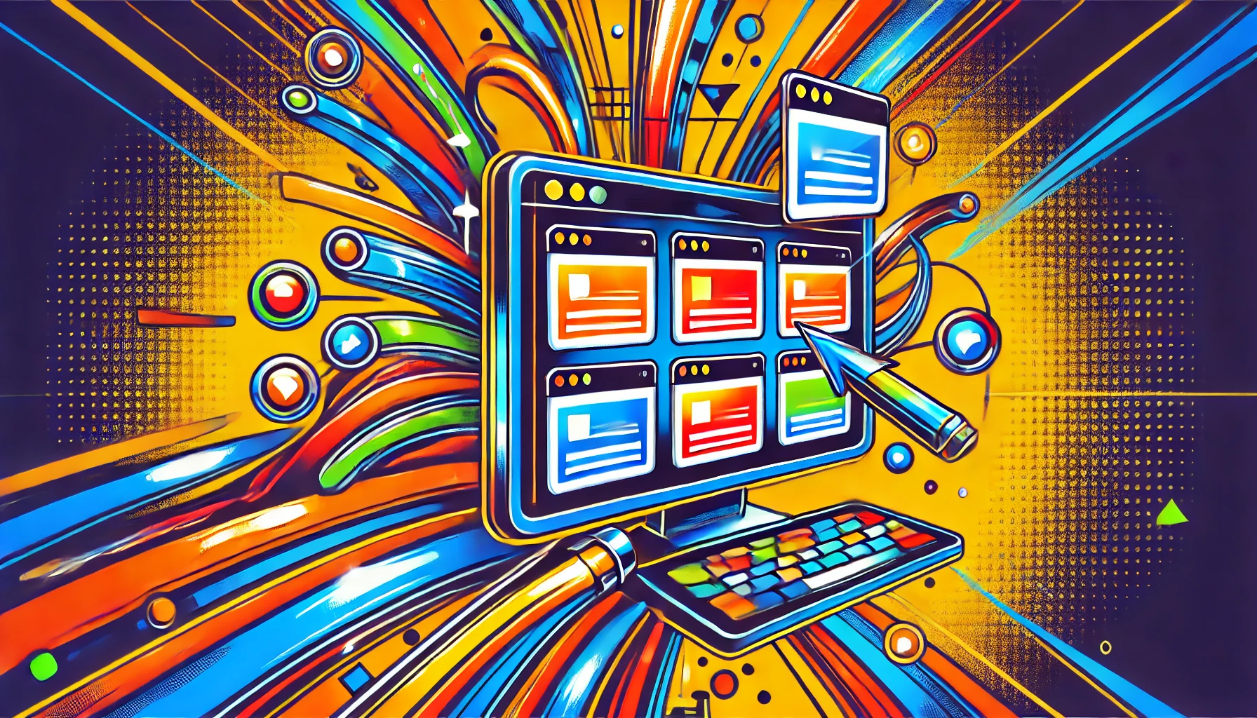 Vibrant digital illustration of a computer screen capturing colorful web page snapshots automatically, with dynamic abstract shapes in bright colors like orange, yellow, blue, and green.