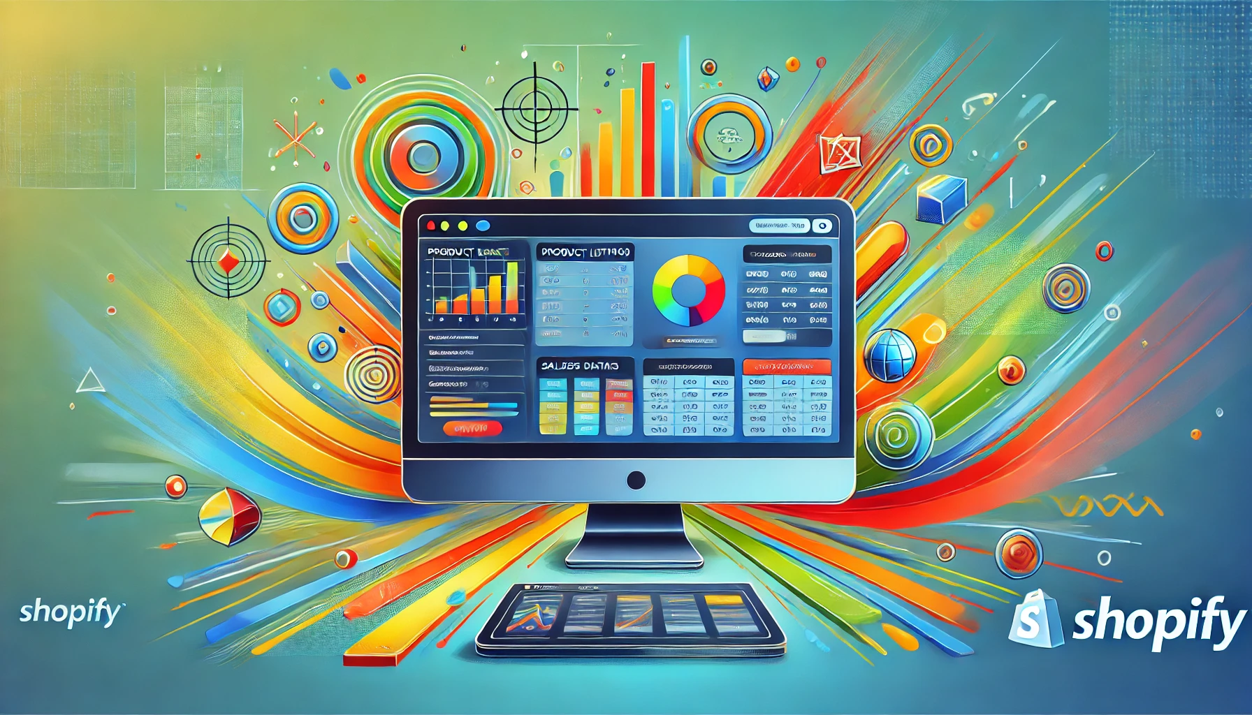 Vibrant digital illustration of a computer screen displaying product data and analytics from a Shopify store, symbolizing automated data collection, with abstract shapes in bright colors.