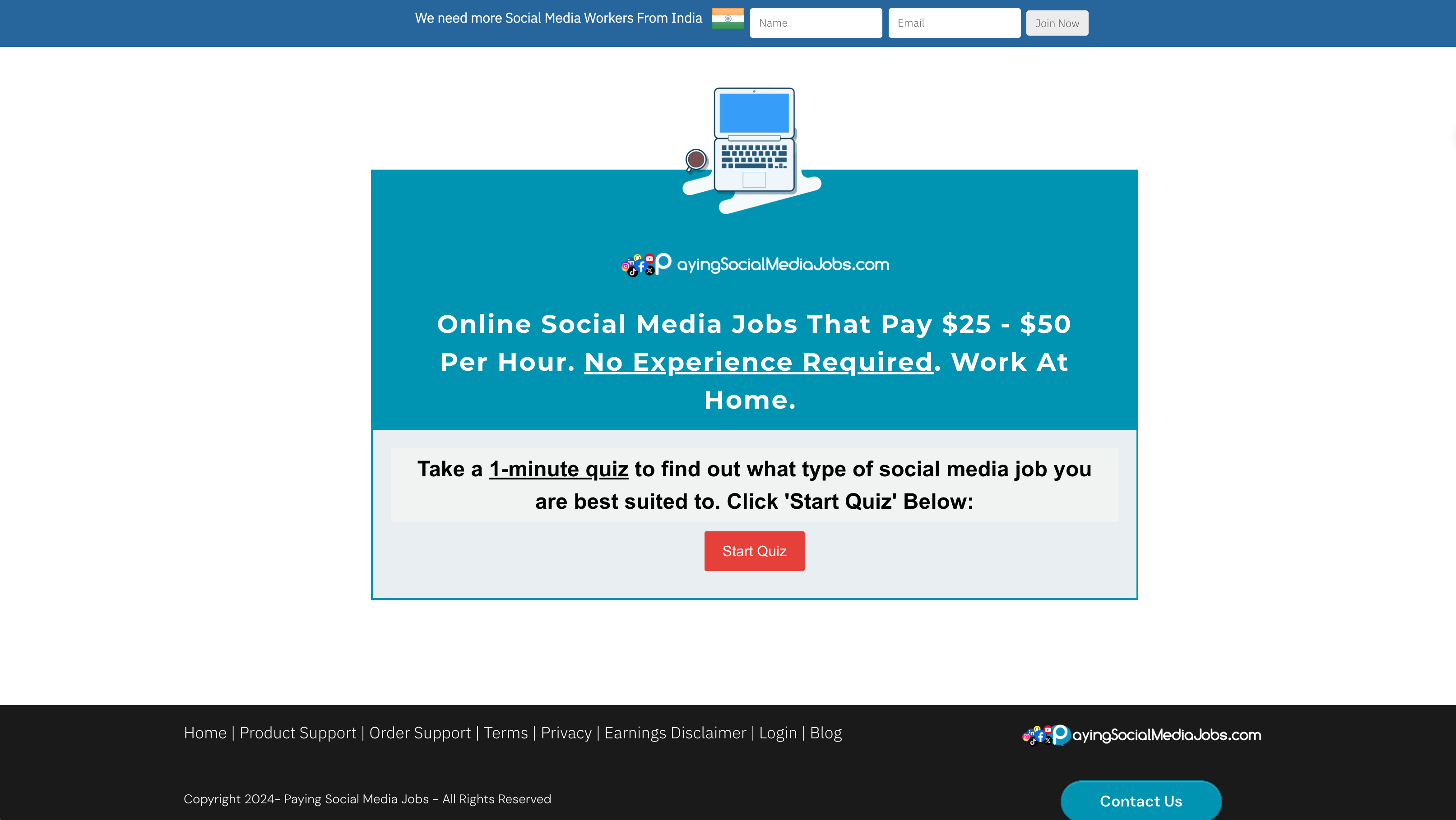 Person working on social media jobs from home, using a laptop with floating icons of Facebook, Instagram, Twitter, and TikTok, in a bright and cozy workspace.