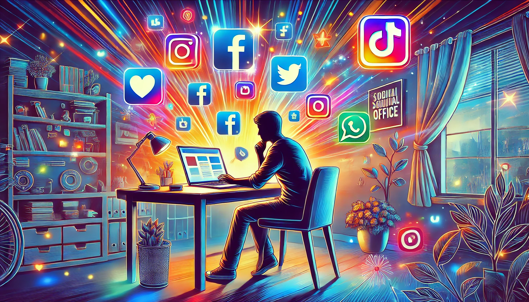 Person working on social media jobs from home, using a laptop with floating icons of Facebook, Instagram, Twitter, and TikTok, in a bright and cozy workspace.