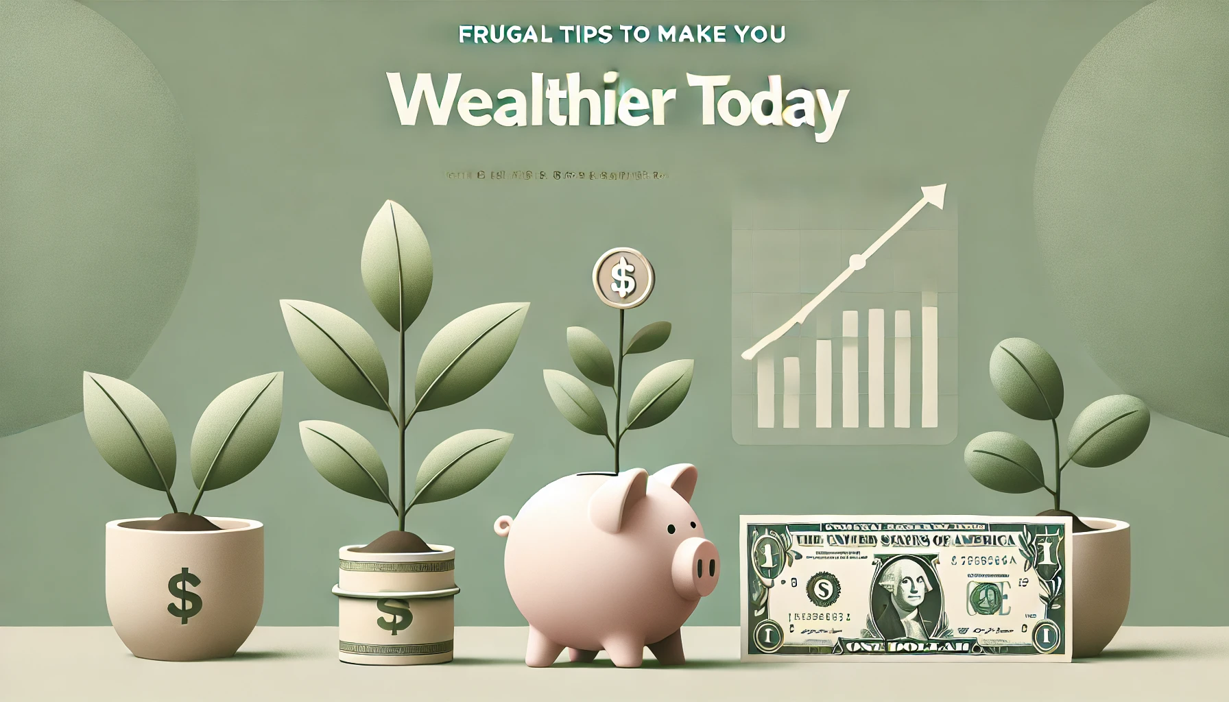 Image of smart money management, featuring a piggy bank, stacked coins, and a savings jar, symbolizing wealth accumulation through frugality.
