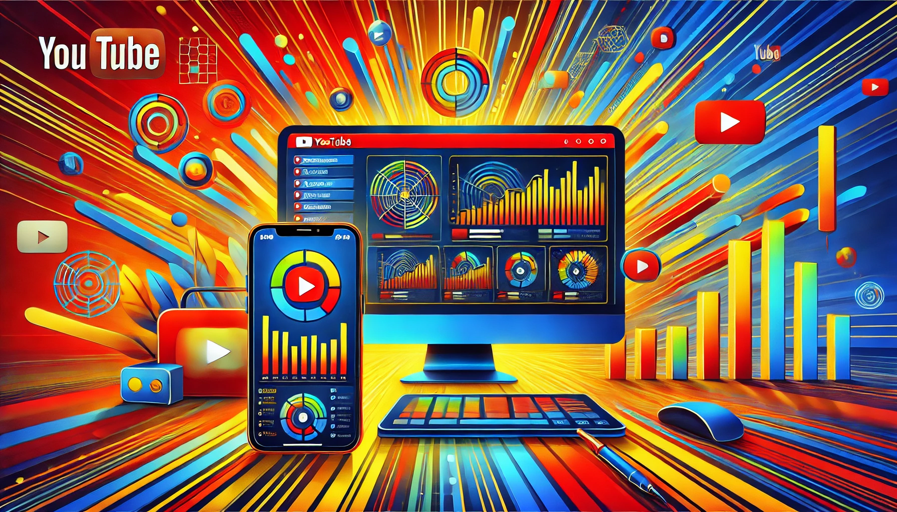 Vibrant digital illustration featuring a computer screen and mobile device displaying YouTube analytics and video thumbnails, symbolizing YouTube channel growth and optimization tools, with dynamic abstract shapes in bright colors.
