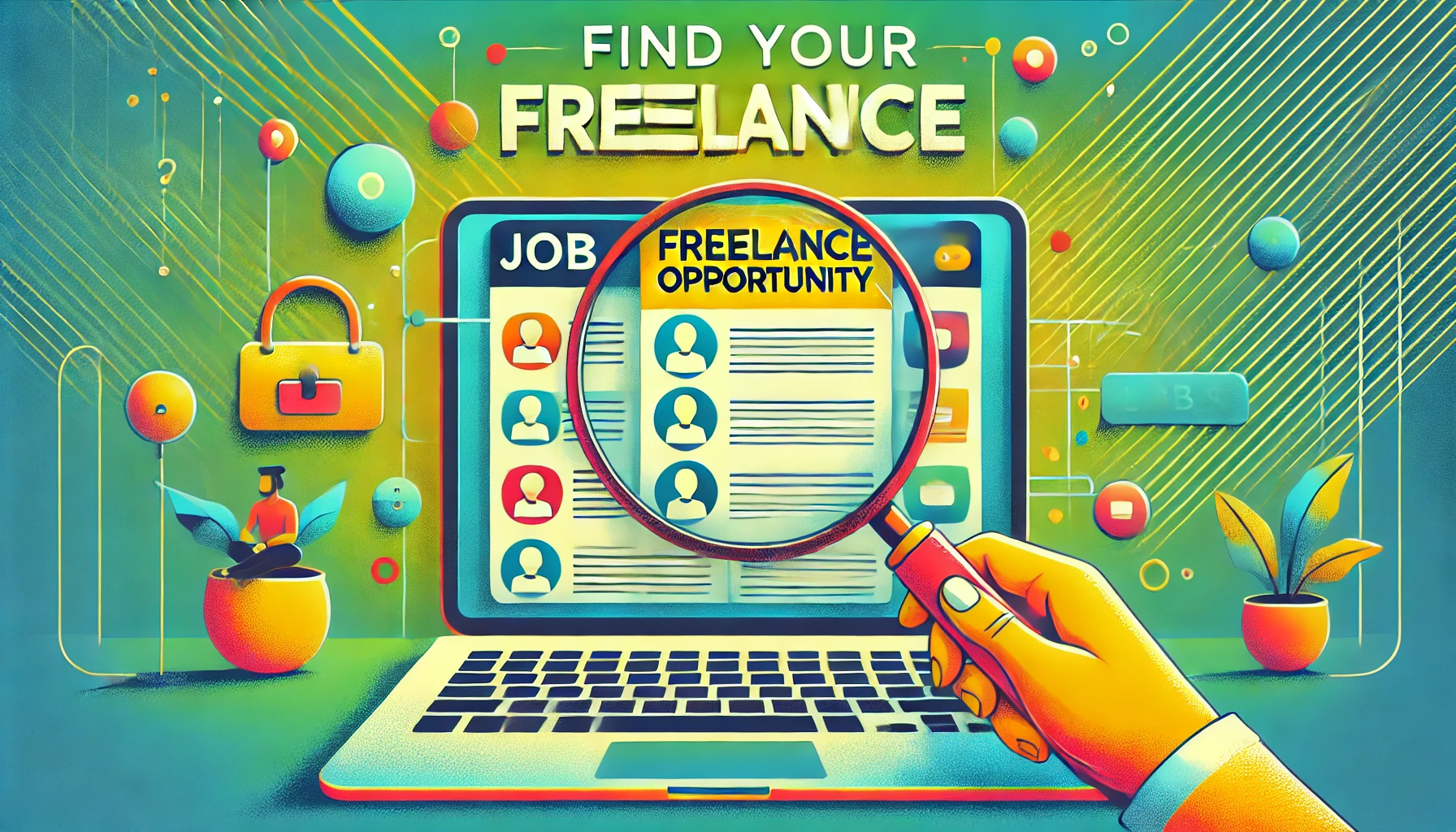 Colorful digital illustration with a magnifying glass hovering over job listings on a screen, featuring the text 'Find Your Freelance Opportunity' in bold."