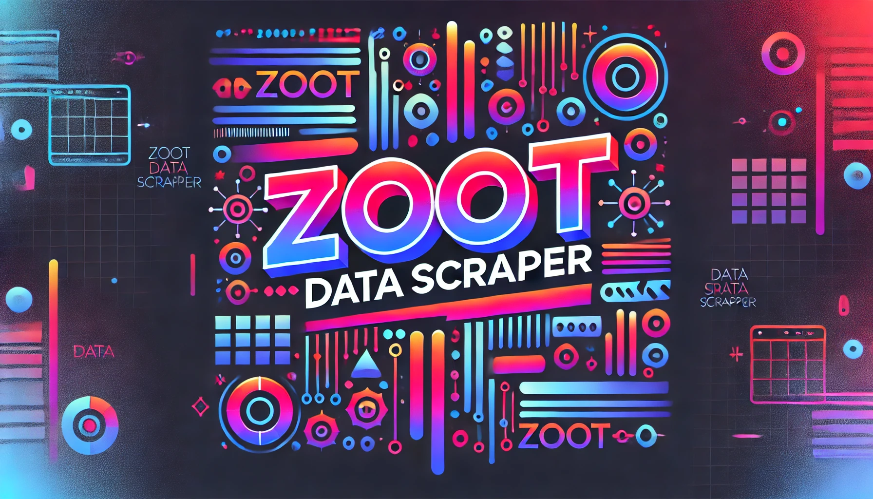 Vibrant and colorful futuristic illustration with the words 'Zoot Data Scraper' prominently displayed, surrounded by geometric shapes and neon-toned data elements on a dark background.