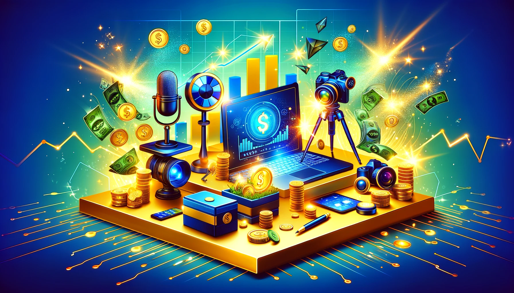 Illustration of a successful online business setup with laptops, microphones, cameras, floating money, and growth charts.