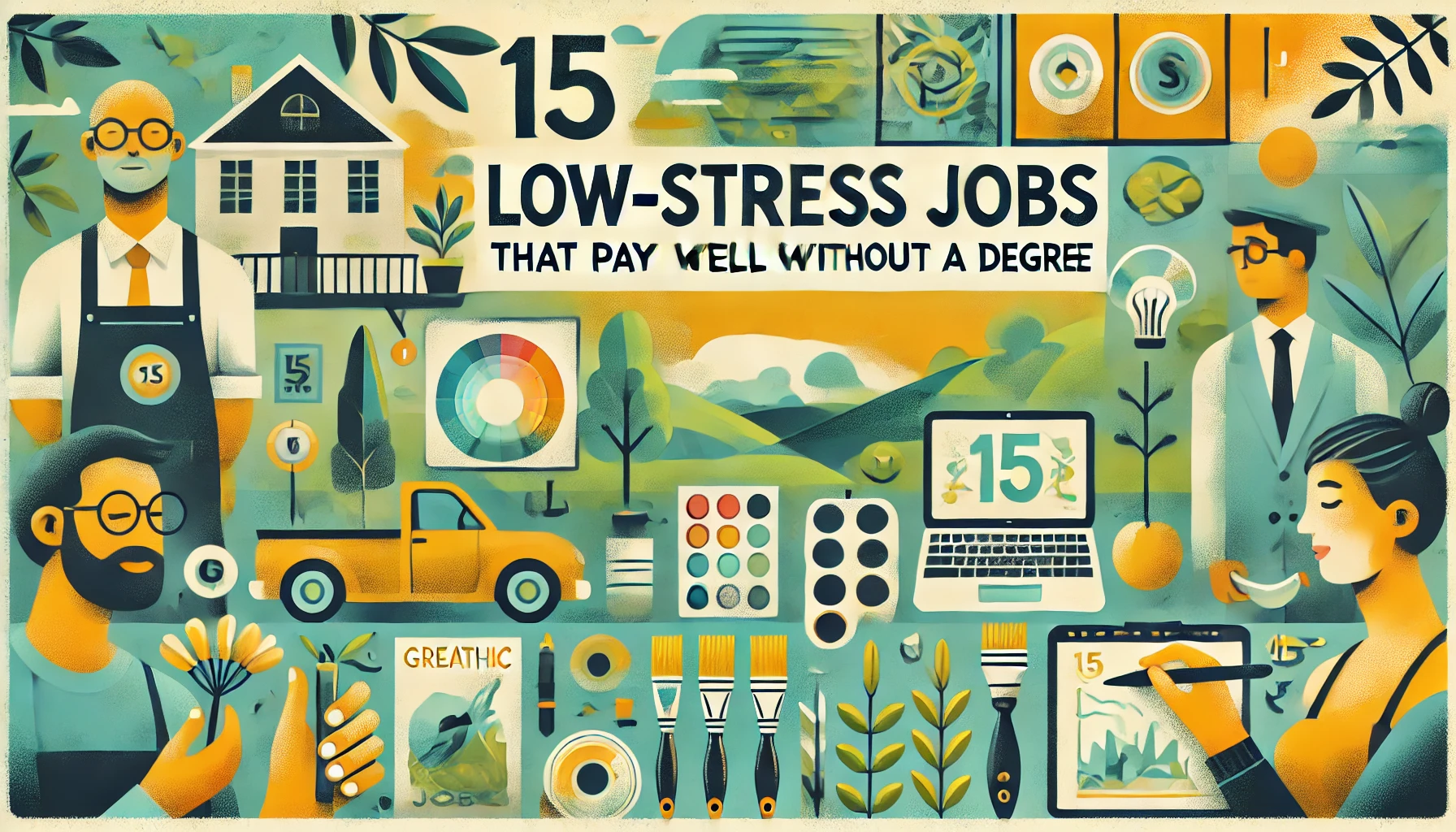 Bright, colorful design with the text '15 Low-Stress Jobs That Pay Well Without a Degree,' surrounded by illustrations of work tools and peaceful settings