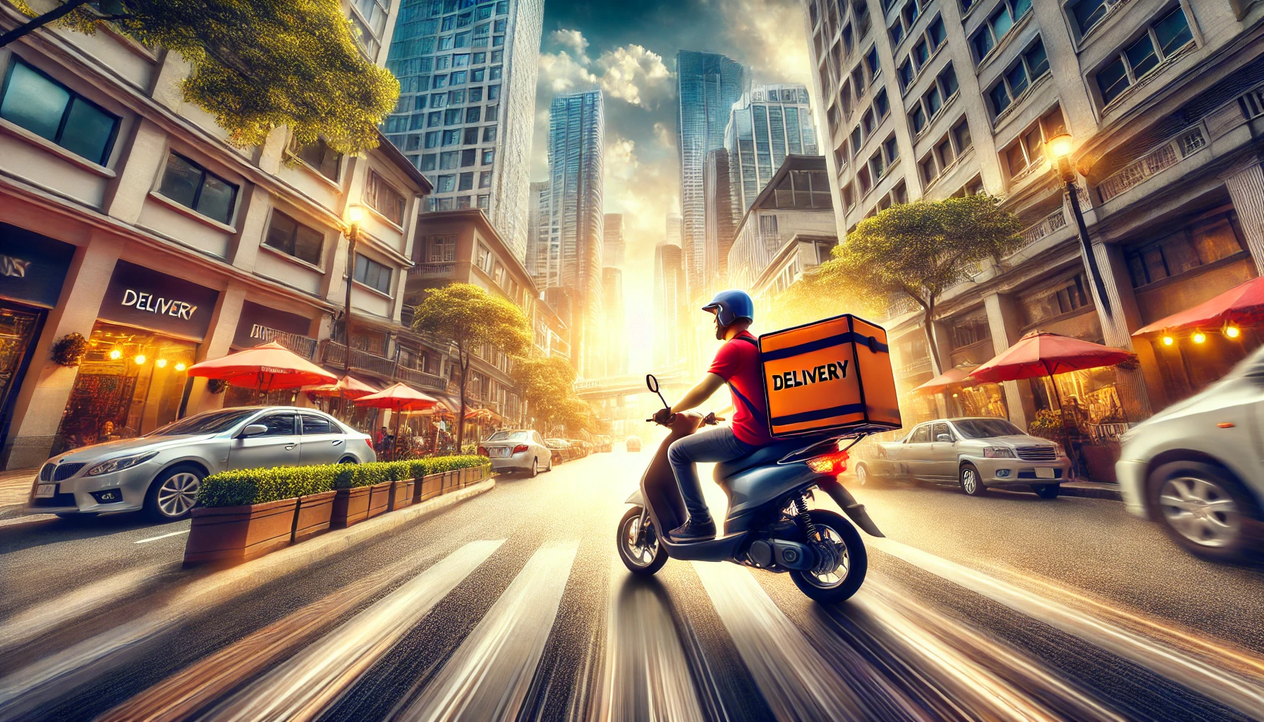 A delivery worker on a scooter navigating through a busy city street, holding a delivery bag