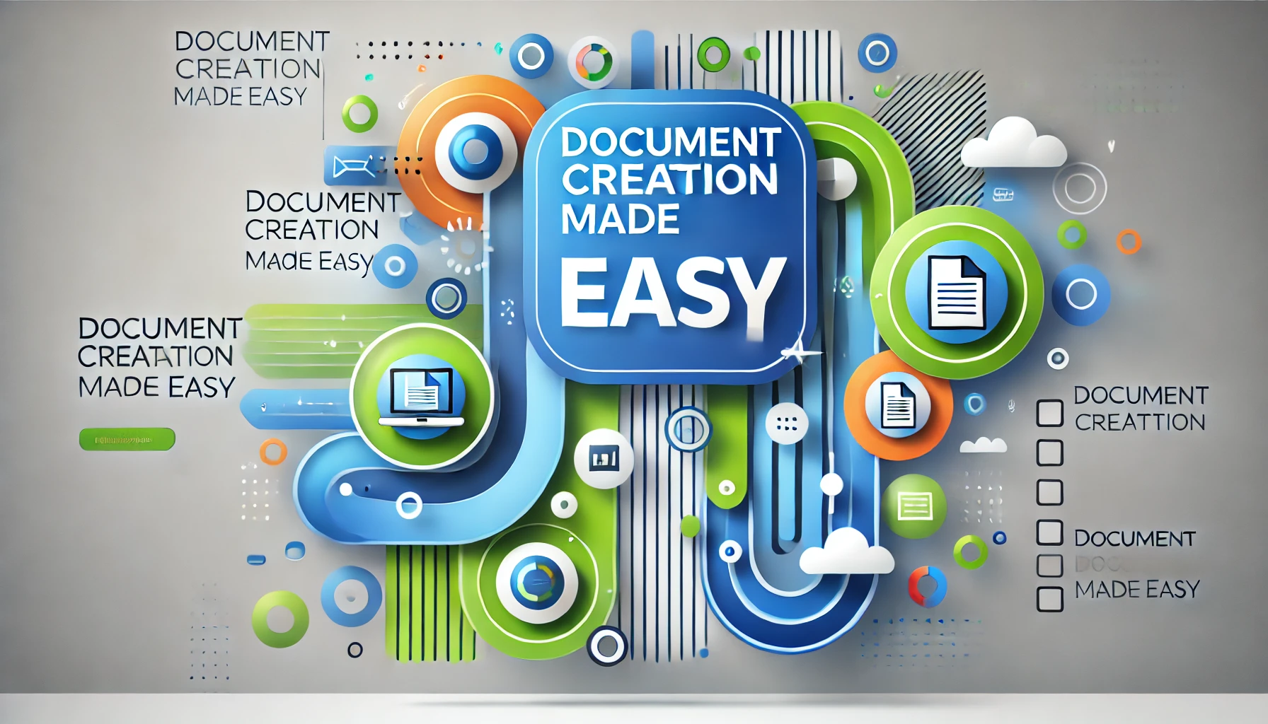 odern and vibrant design with the text 'Document Creation Made Easy' in bold typography, centered on a backdrop of abstract shapes in blue, green, and white hues, symbolizing technology and simplicity