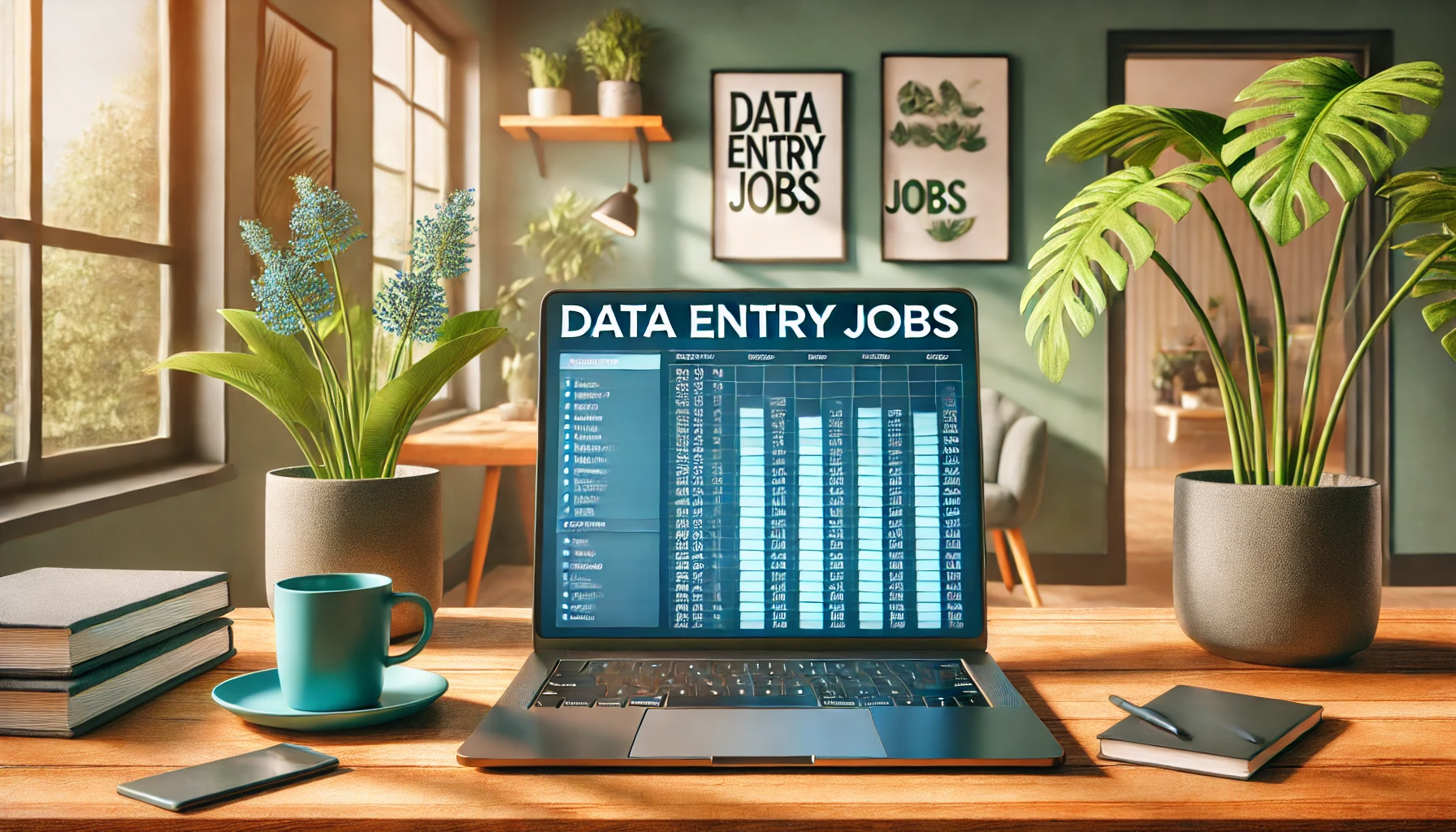 A vibrant image of a remote workspace, featuring a laptop with spreadsheets, money symbols, and glowing digital elements, representing online data entry jobs