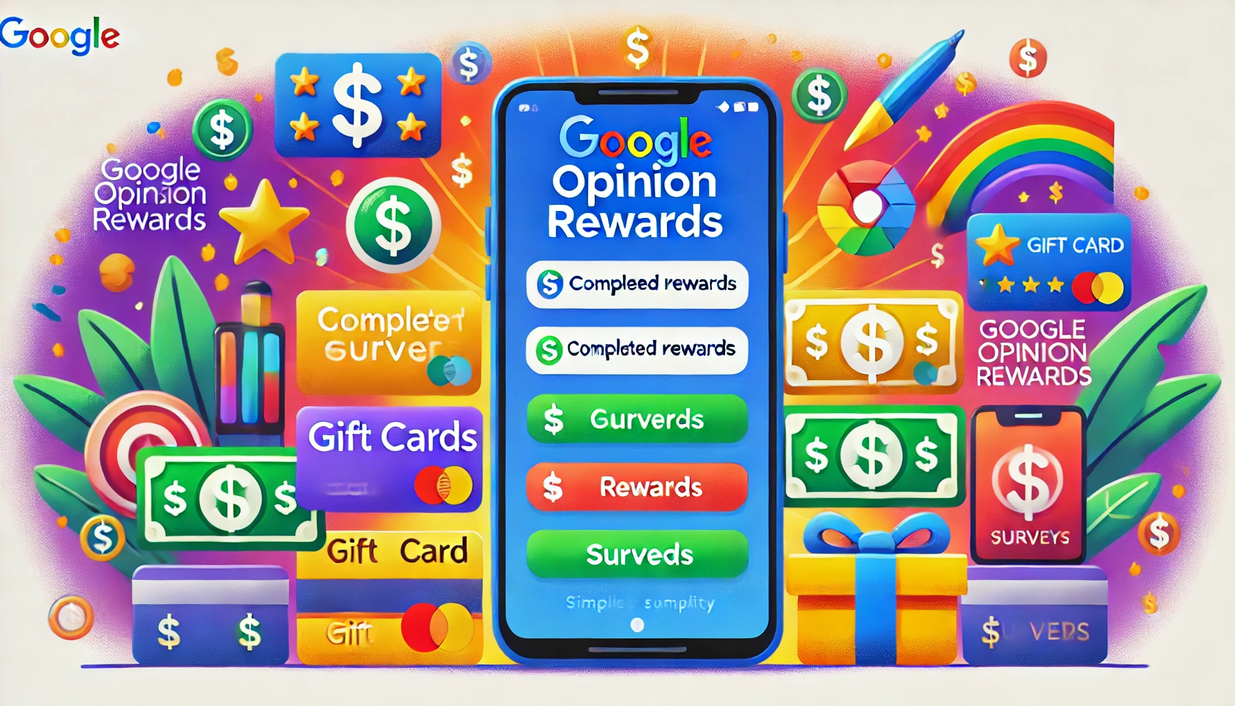 Illustration of Google Opinion Rewards with a smartphone showing survey completion and rewards being credited, surrounded by colorful icons.