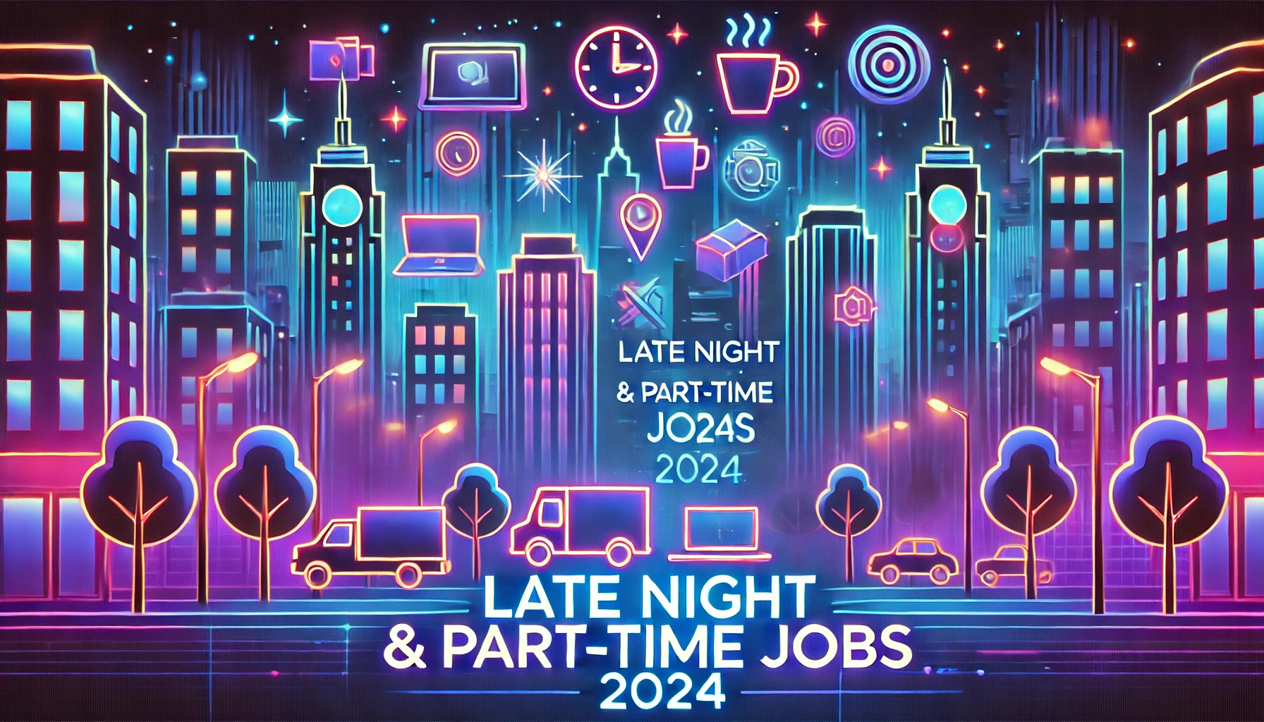 Glowing nighttime cityscape with vibrant icons representing flexible jobs, highlighting opportunities for evening and late-night work in 2024