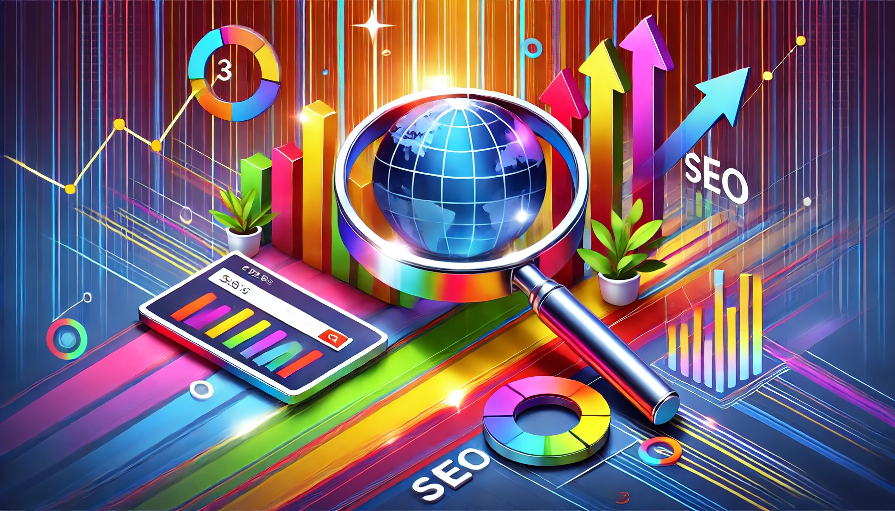Colorful illustration of SEO with a magnifying glass over a globe, search bars, growth arrows, and an analytics dashboard symbolizing data-driven strategies