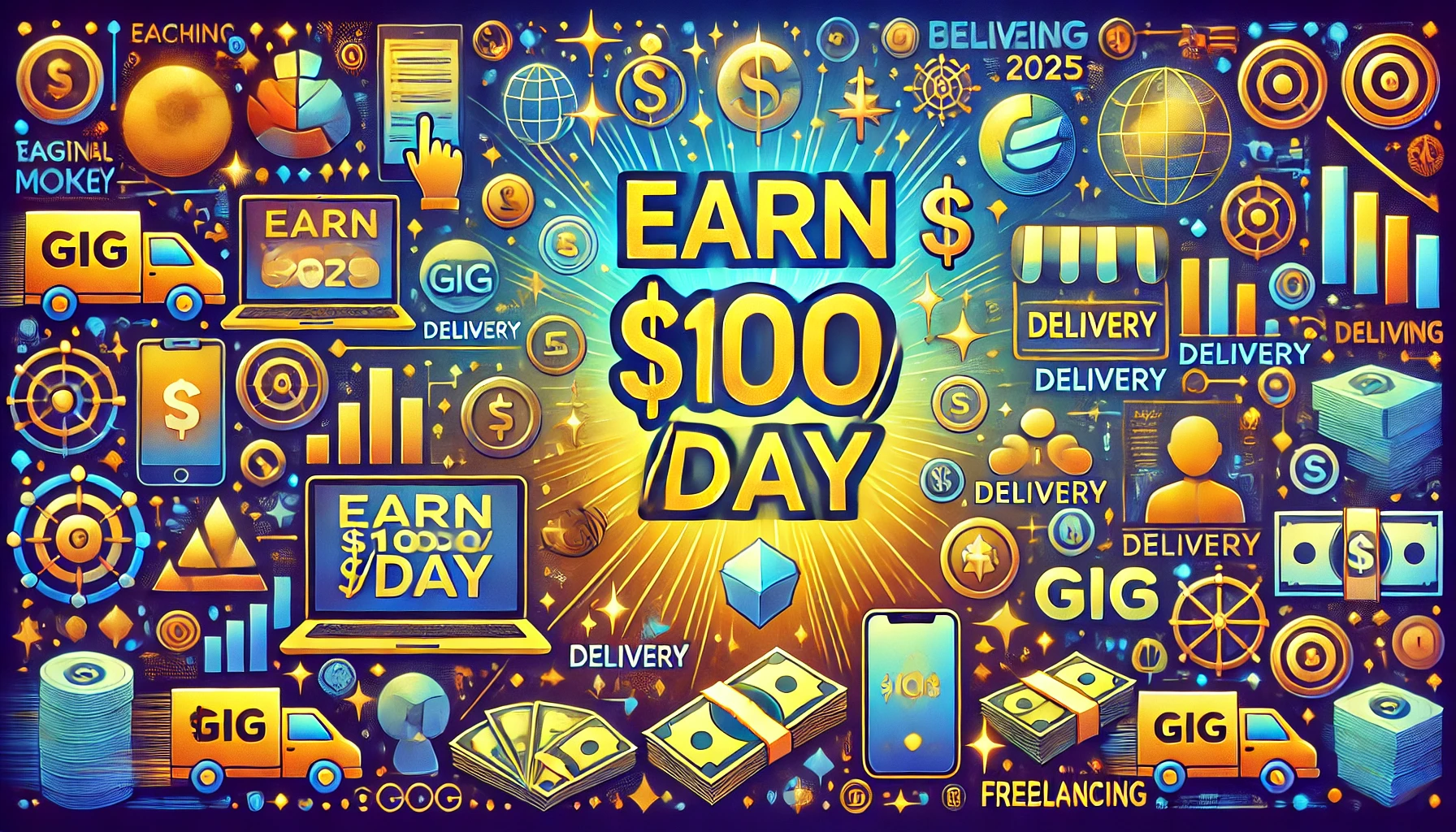 A vibrant digital illustration showcasing various ways to earn $100 a day in 2025, featuring symbols of digital work like laptops, smartphones, and cash with a gradient background of blue and gold.