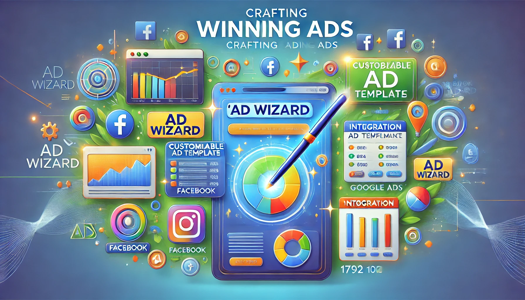 Colorful illustration of Ad Wizard's dashboard showcasing ad templates, performance charts, and platform integration icons, with a magic wand symbolizing automation and efficiency