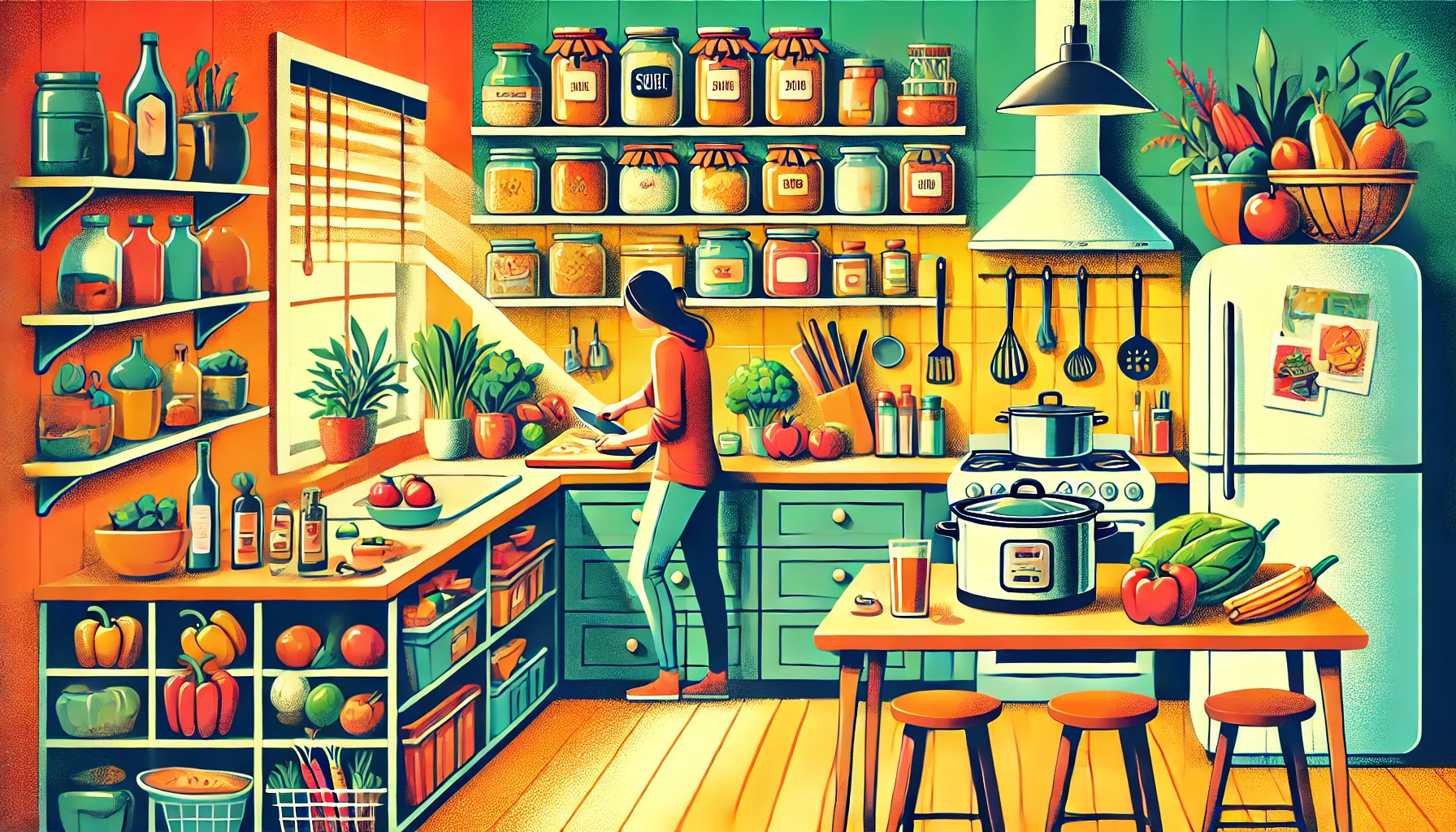 A cozy kitchen with affordable ingredients and tools, showcasing budget-friendly meal preparation with fresh produce, grains, and a slow cooker in use.