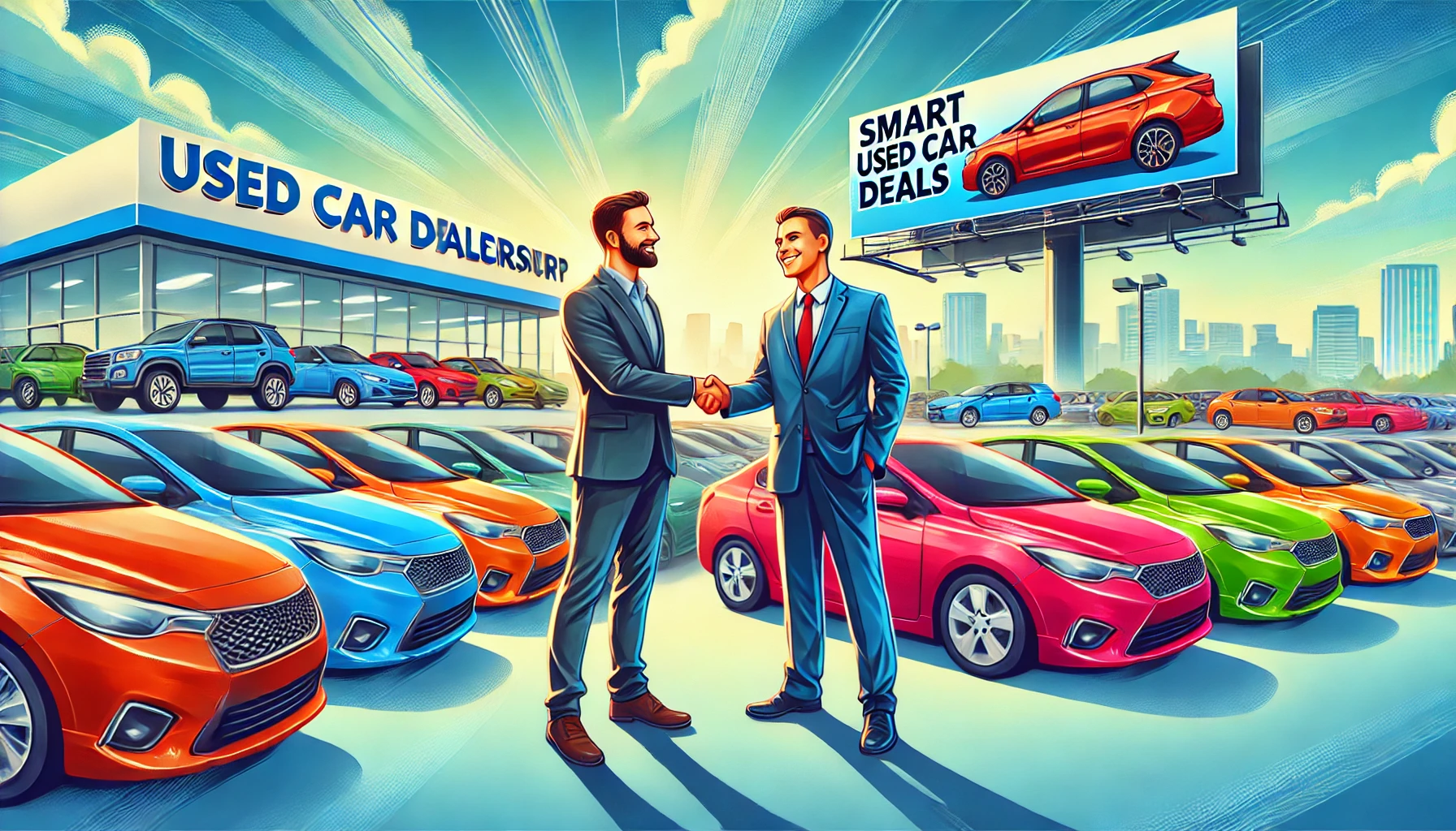 A vibrant scene of a modern used car dealership with rows of colorful cars, a smiling buyer shaking hands with a dealer near a sleek used sedan, set against a sunny sky and a welcoming dealership building