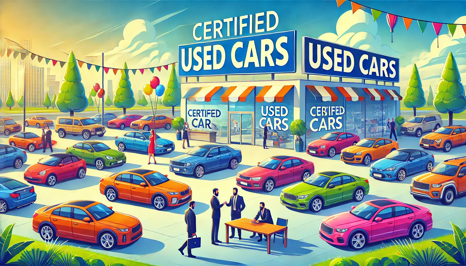 Vibrant used car dealership showcasing a variety of colorful vehicles